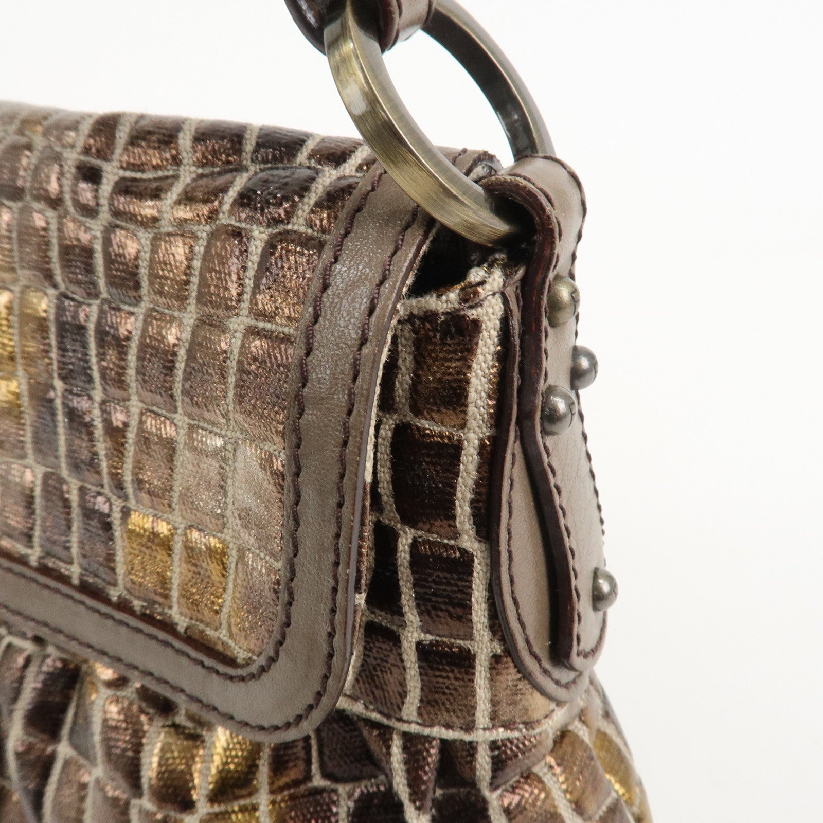 FENDI Canvas Leather Shoulder Bag Hand Bag Metallic Brown 8BR445