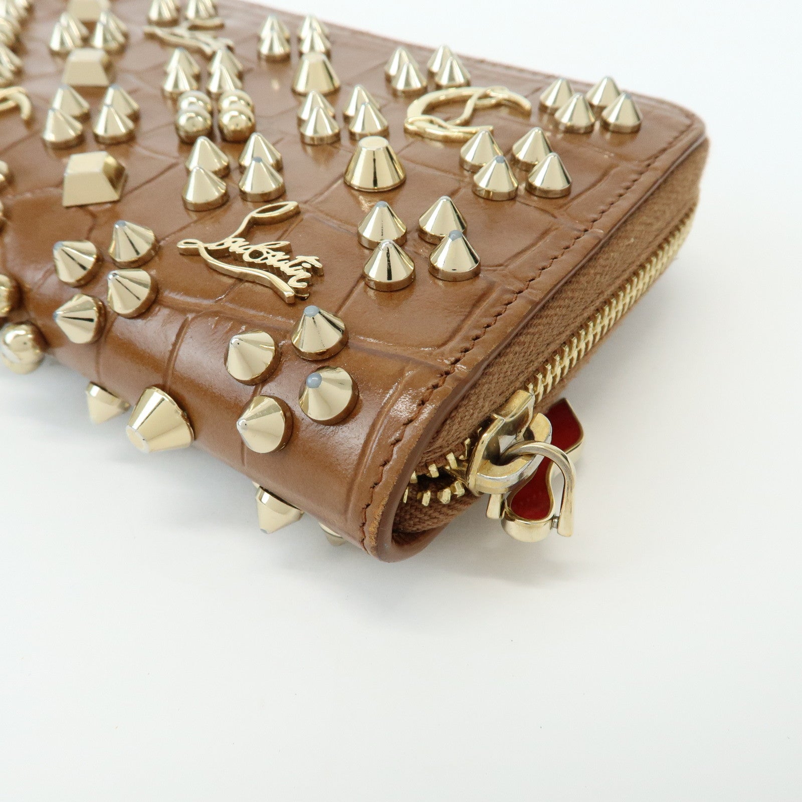Christian Louboutin Embossed Leather Long Wallet Studs Brown