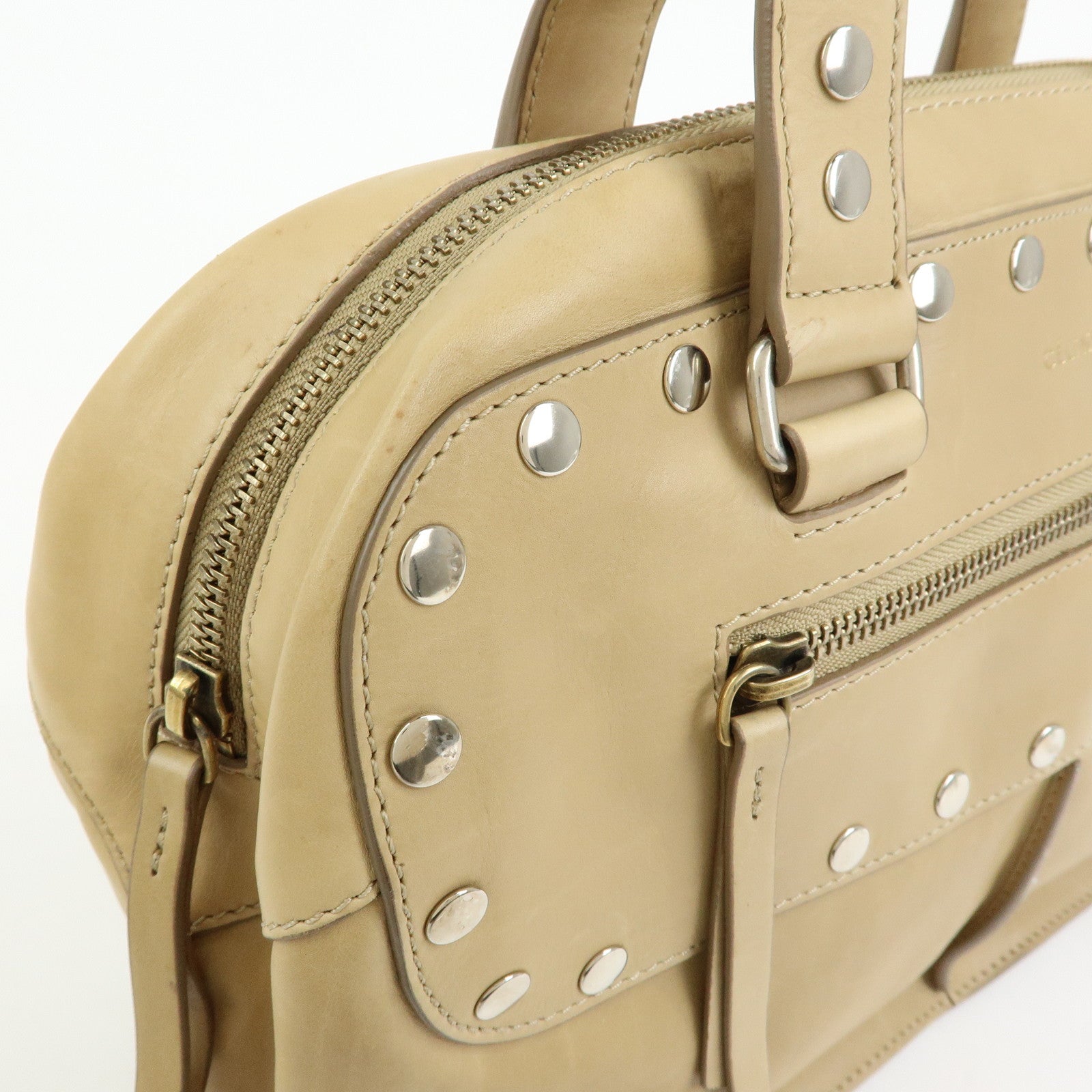 CELINE Leather Hand Bag Bowling Bag Beige Studs