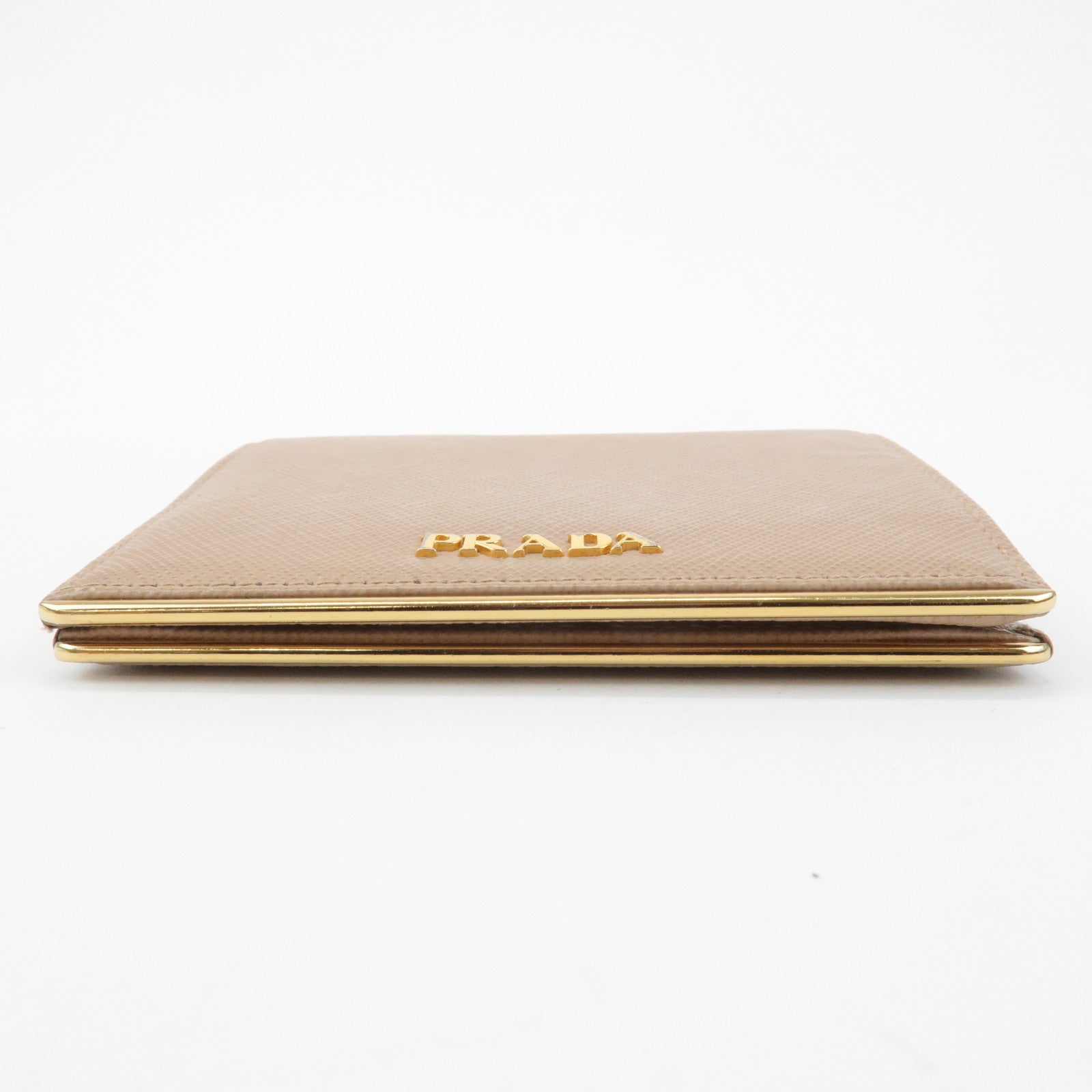 PRADA Logo Saffiano Leather Bi-Fold Small Wallet Beige 1MV204 Used