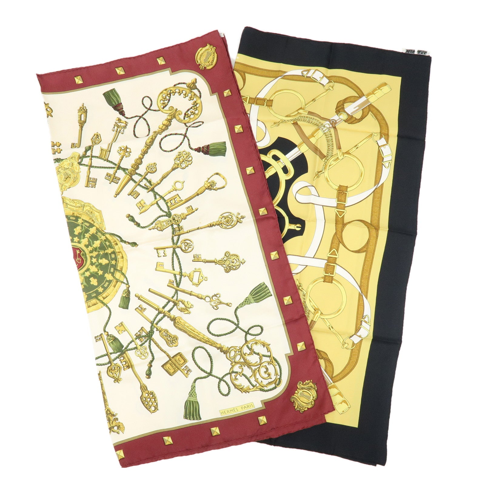 HERMES Carre 90 Set of 2 Silk 100% Scarf Black Gold Bordeaux