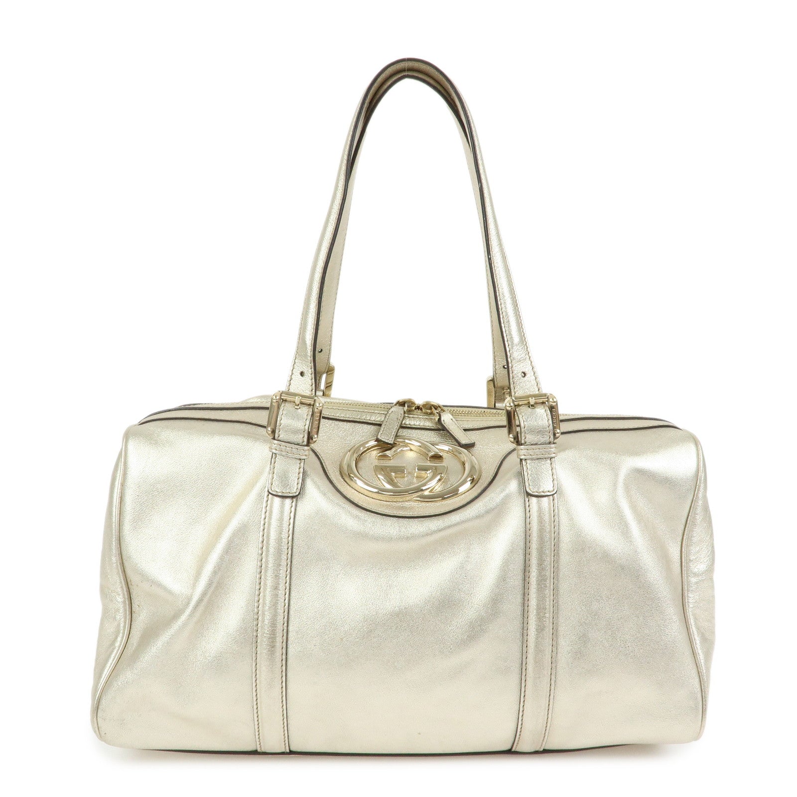 GUCCI Interlocking G Leather Boston Bag Hand Bag Gold 170010