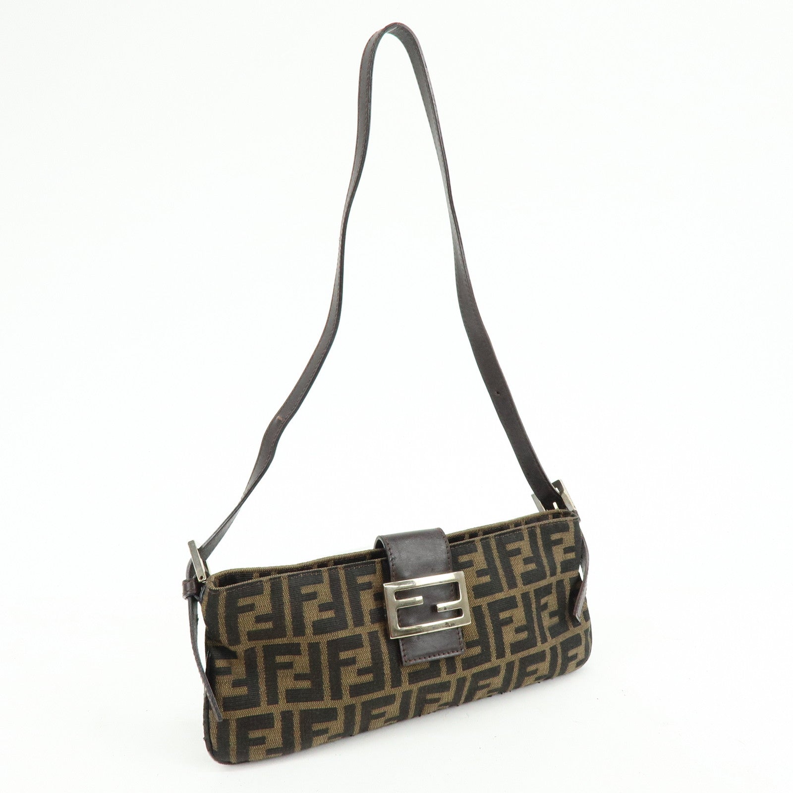 FENDI Zucca Canvas Leather Shoulder Bag Hand Bag Brown Black