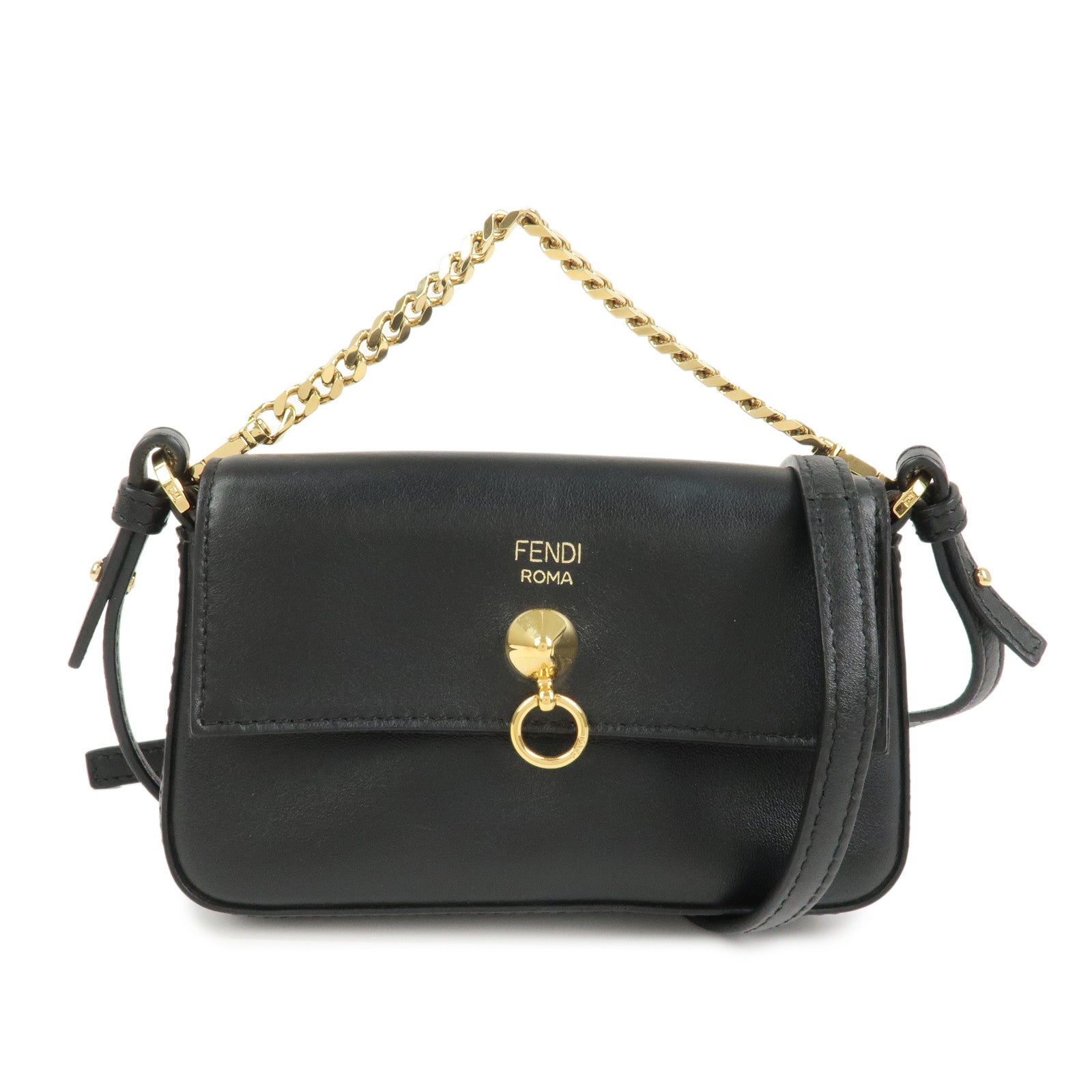 FENDI Leather Micro Baguette Shoulder Crossbody Bag Black 8M0354