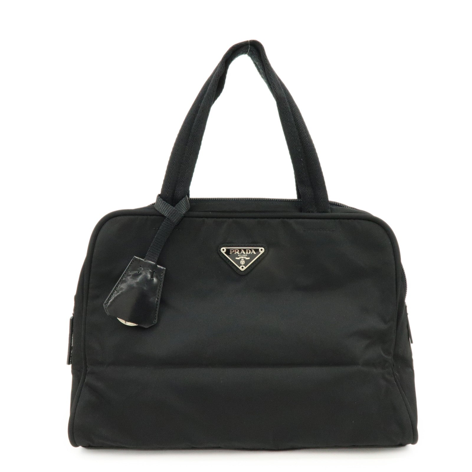 PRADA Triangle Logo Nylon Leather Hand Bag Tote Bag Black B8495
