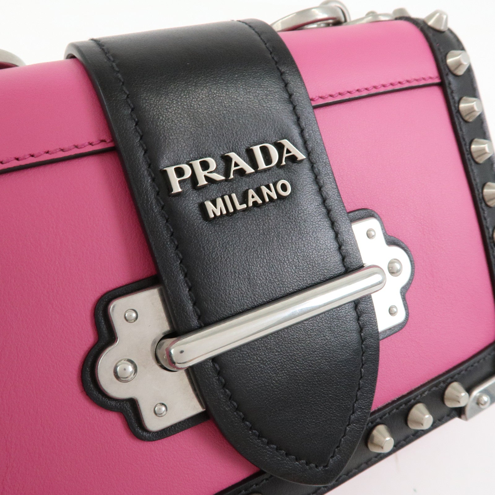 PRADA Cahier Calf Leather Studs Shoulder Bag Pink Black 1BH018