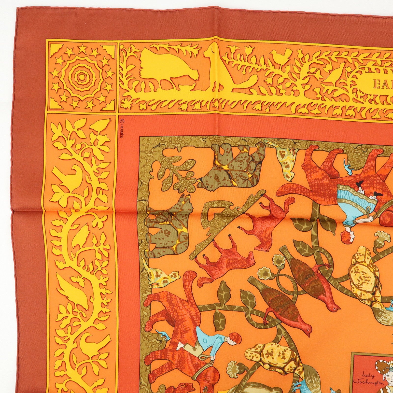 HERMES Carre 90 Silk 100% Scarf EARLY AMERICA Orange Brown