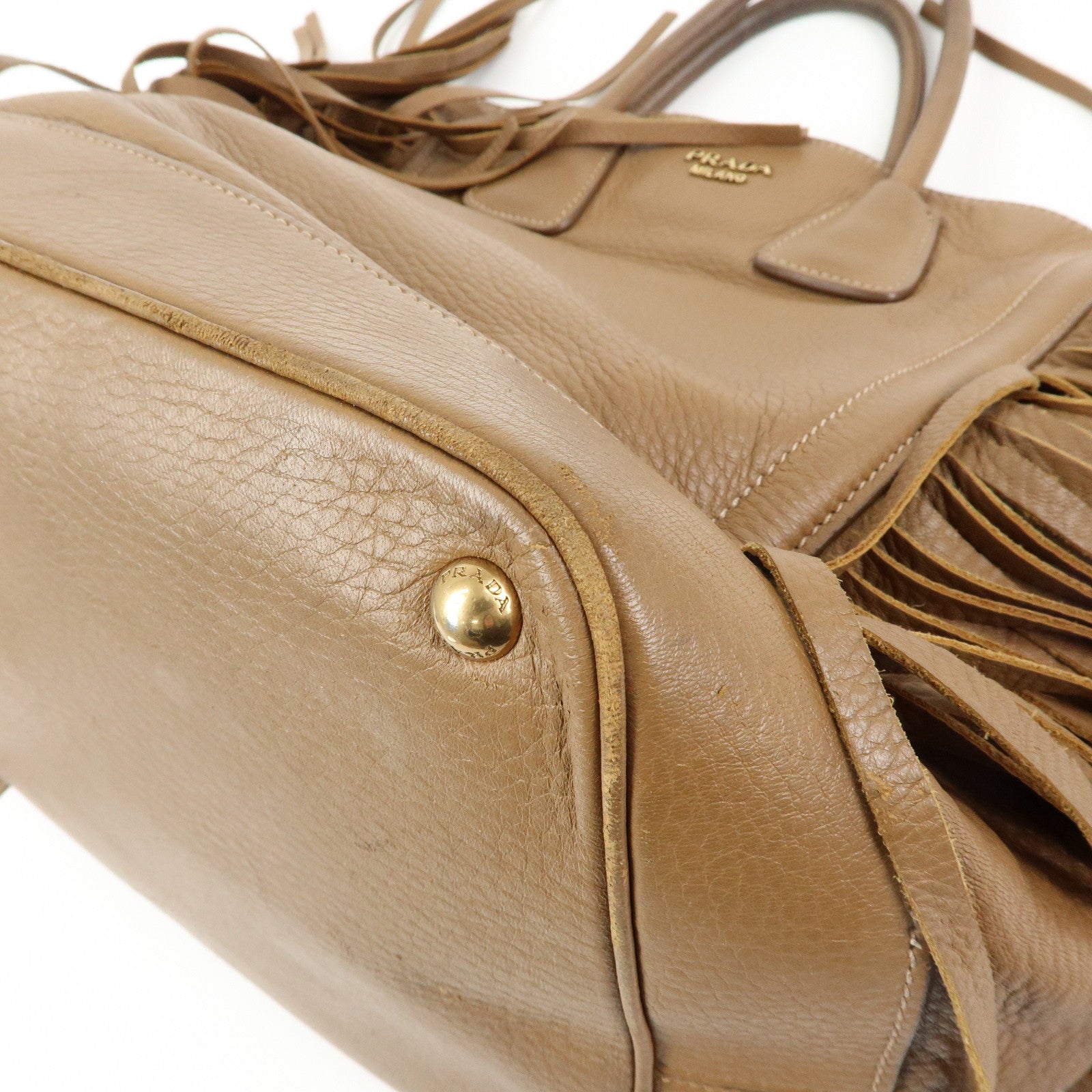 PRADA Leather Fringe Tote Bag Hand Bag Camel Orange