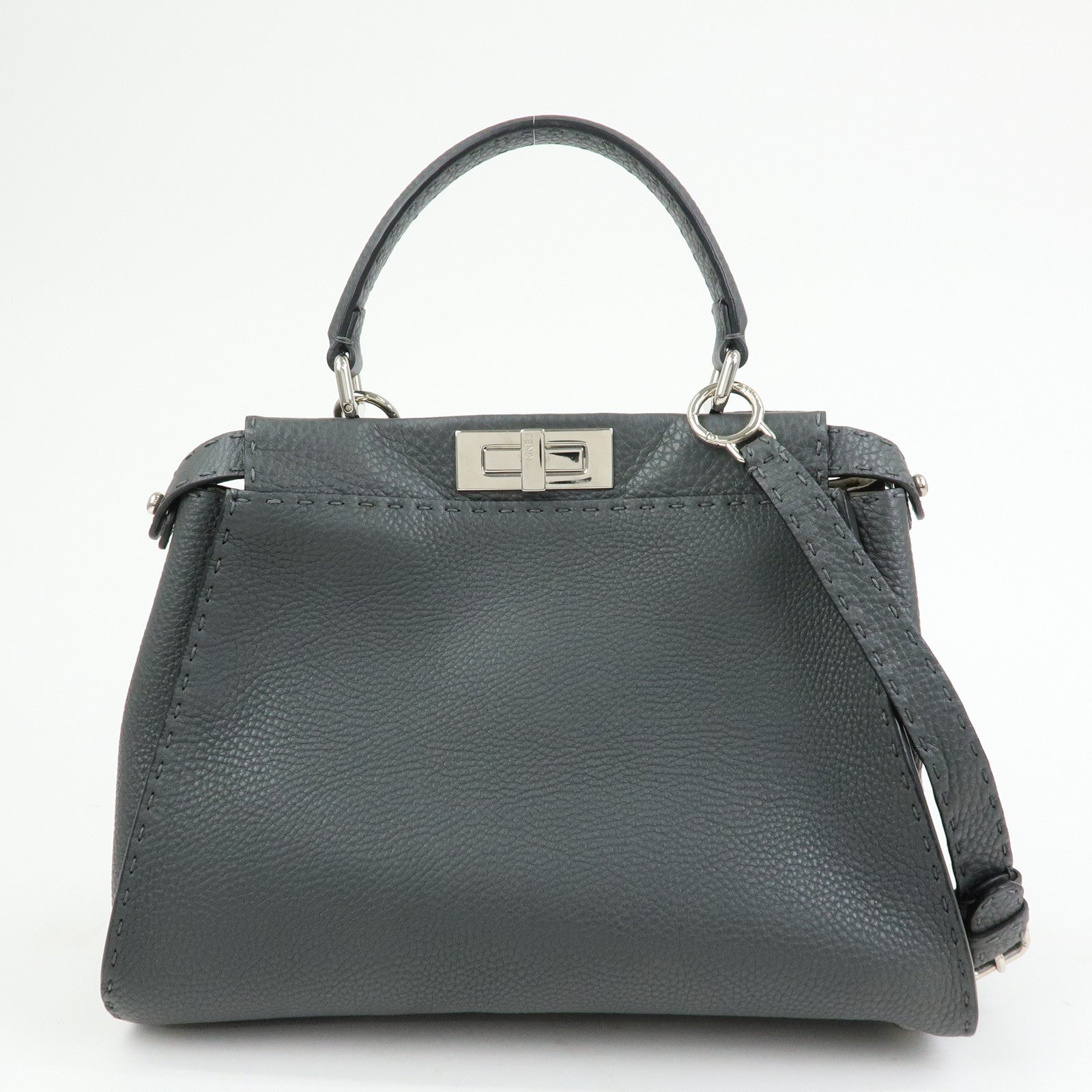 FENDI Peekaboo Selleria Leather 2Way Hand Shoulder Bag Gray 8BN290