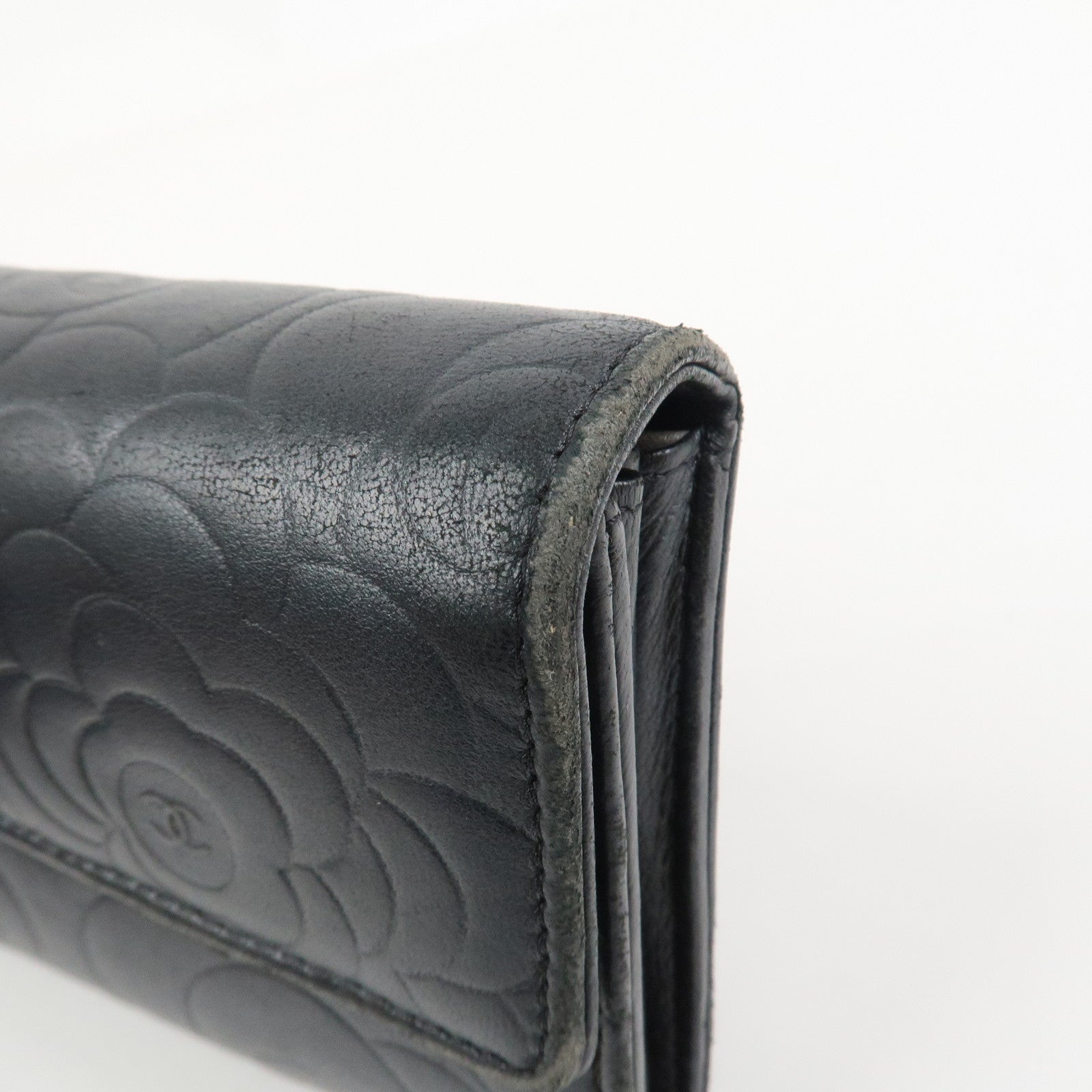 CHANEL Camellia Lambskin Long Wallet Black Silver