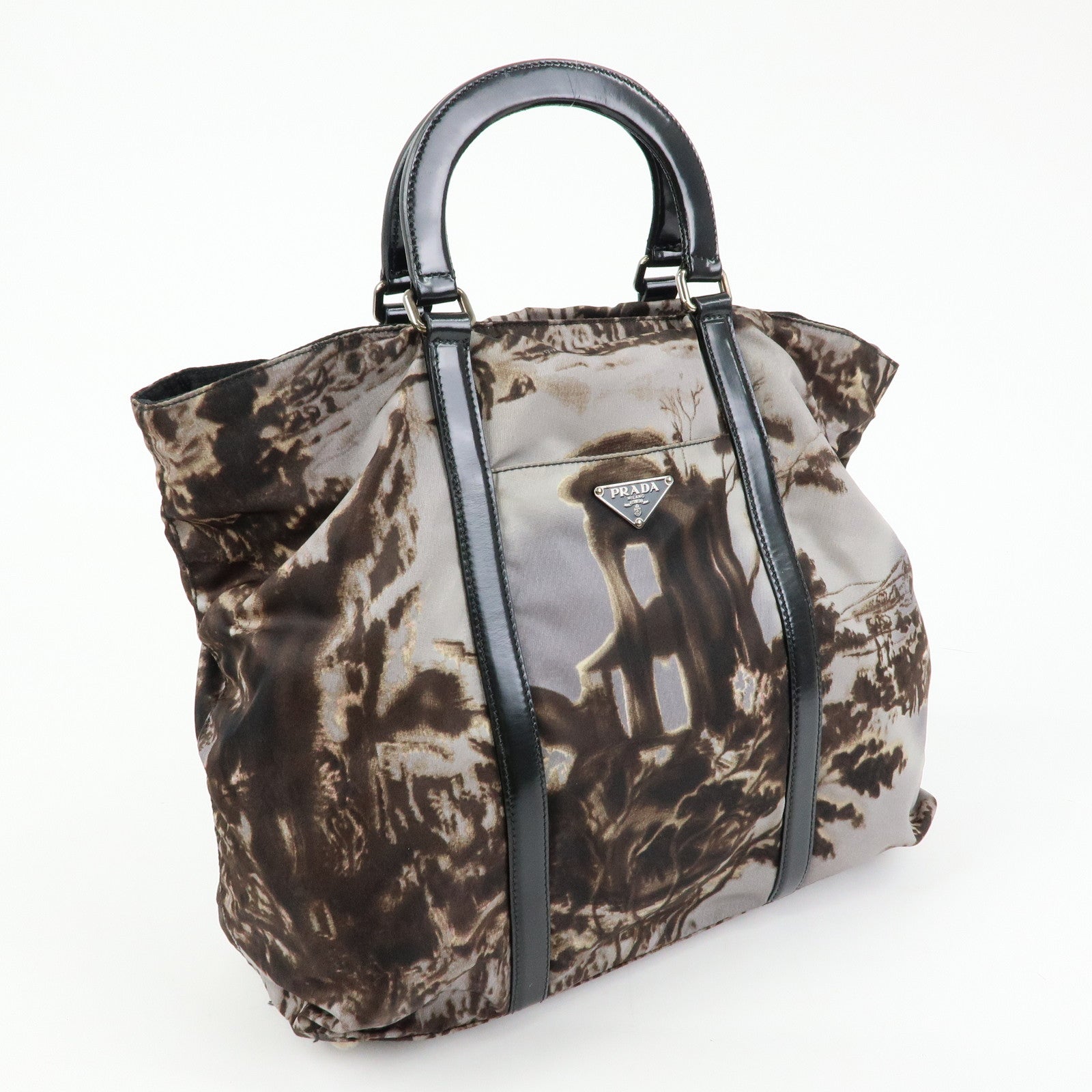 PRADA Triangle Logo Nylon Leather Tote Bag Hand Bag Gray BN2791