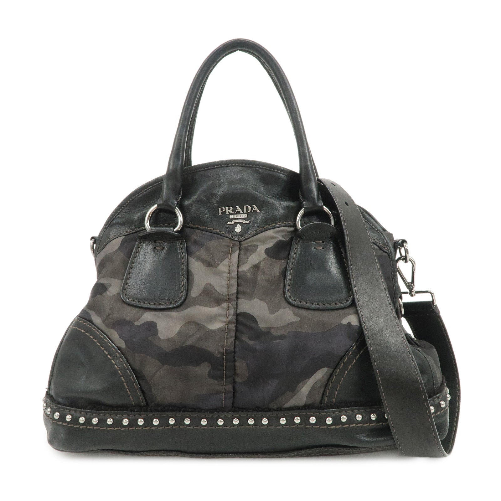 PRADA Nylon Leather 2Way Hand Shoulder Bag Black Camouflage BL0688