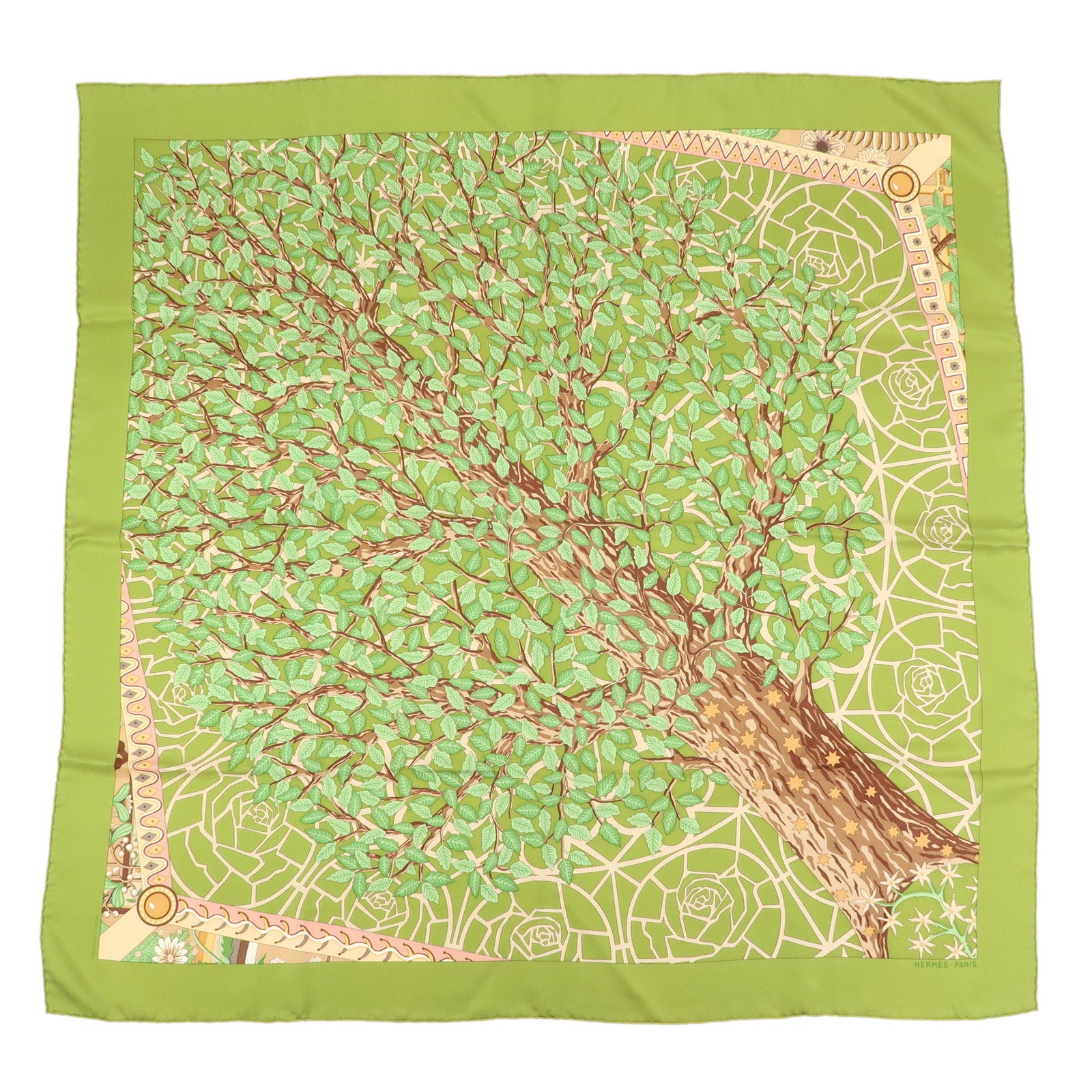 HERMES Carre 90 Silk 100% Scarf AXIS MUNDI Green Brown