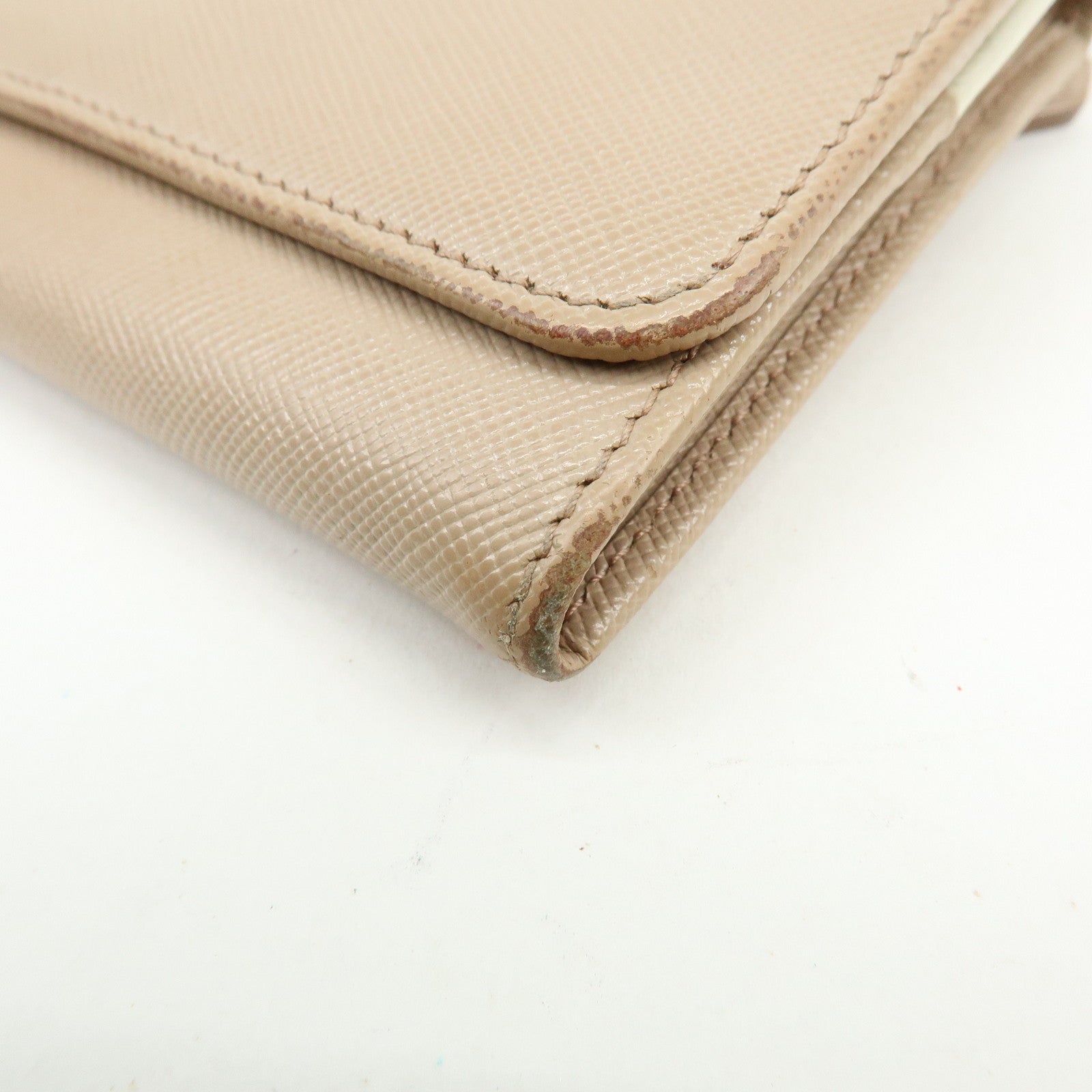 PRADA Logo Saffiano Leather Flap Bi-Fold Long Wallet Beige