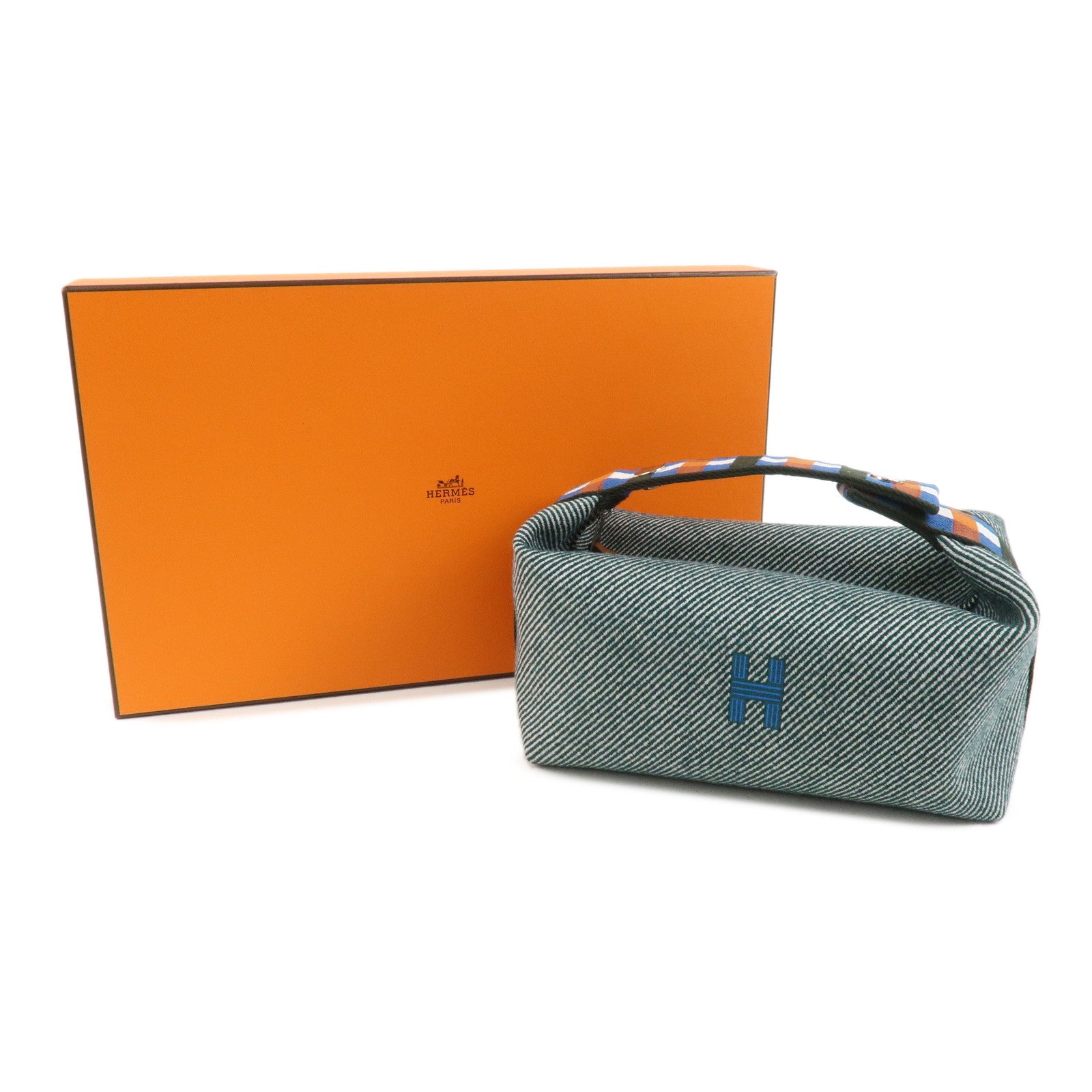 HERMES Bride A Brac PM Canvas Leather Plaid Hand Bag Pouch Green