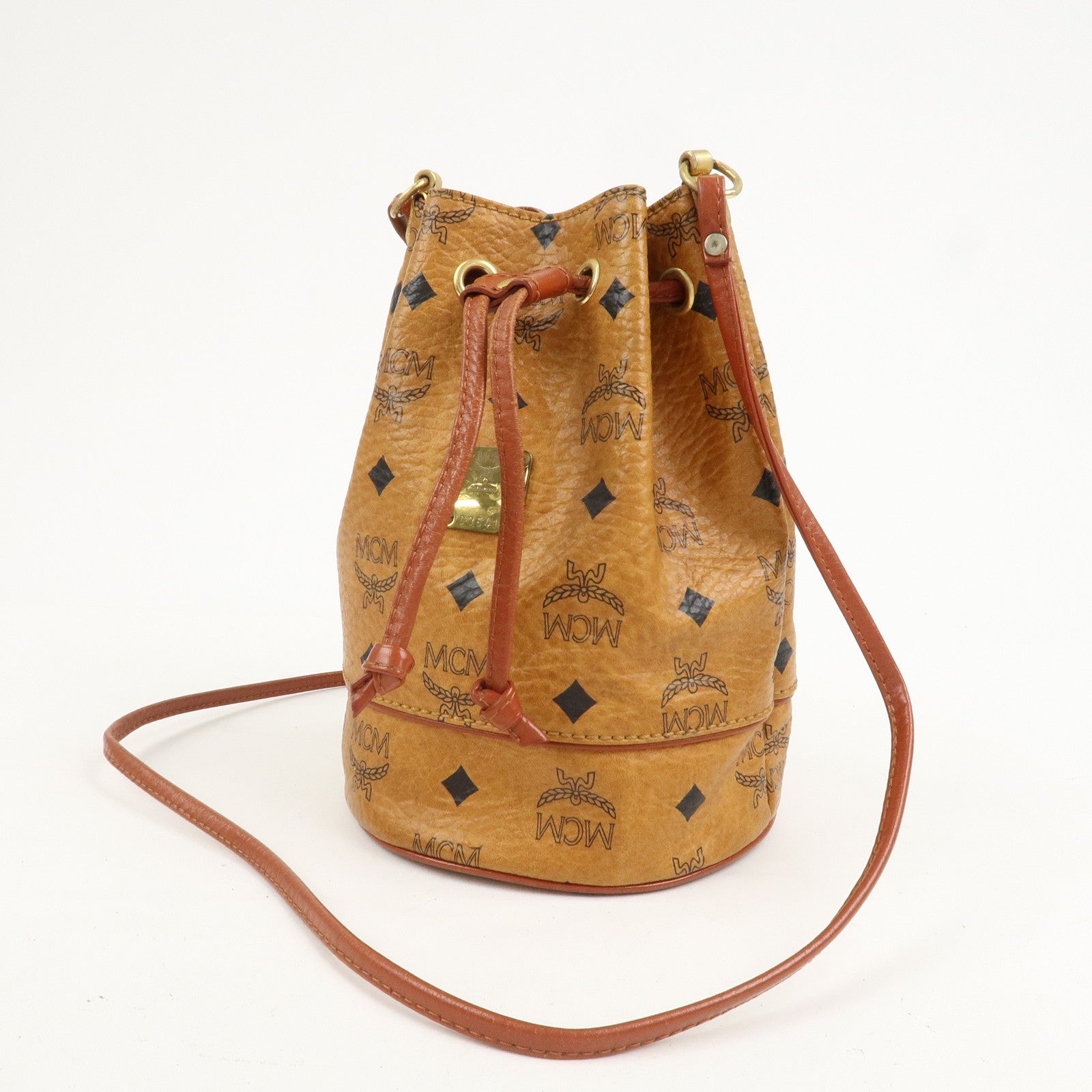 MCM Visetos Leather Drawstring Shoulder Bag Brown