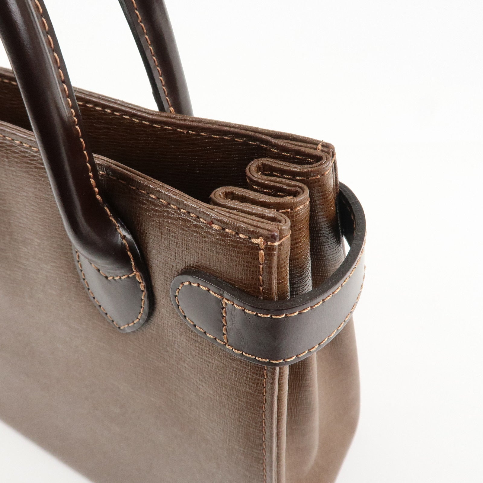 BURBERRY Leather Hand Bag Tote Bag Brown Gold Hardware Used