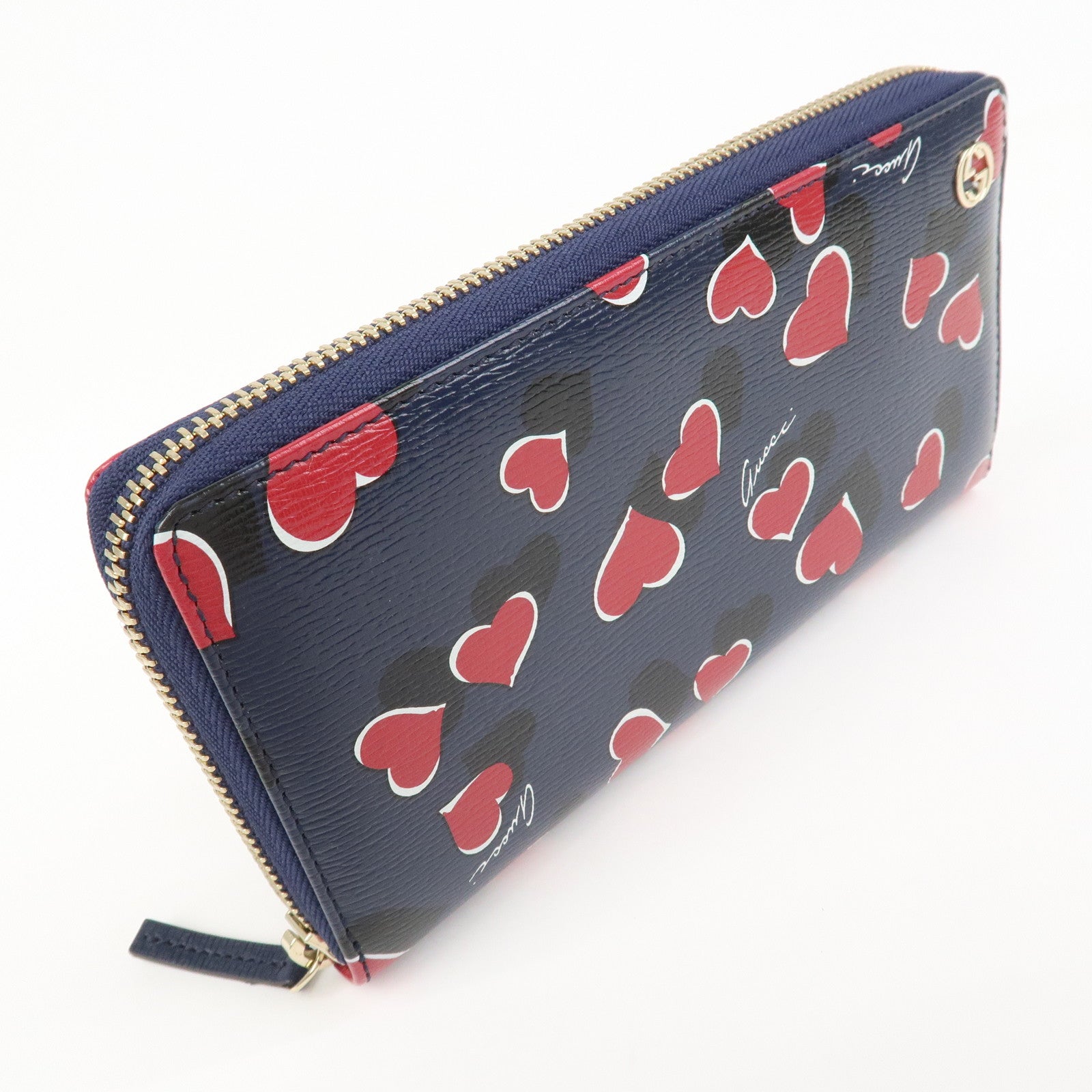 GUCCI Interlocking G Round Zippy Long Wallet Heart Navy 309705