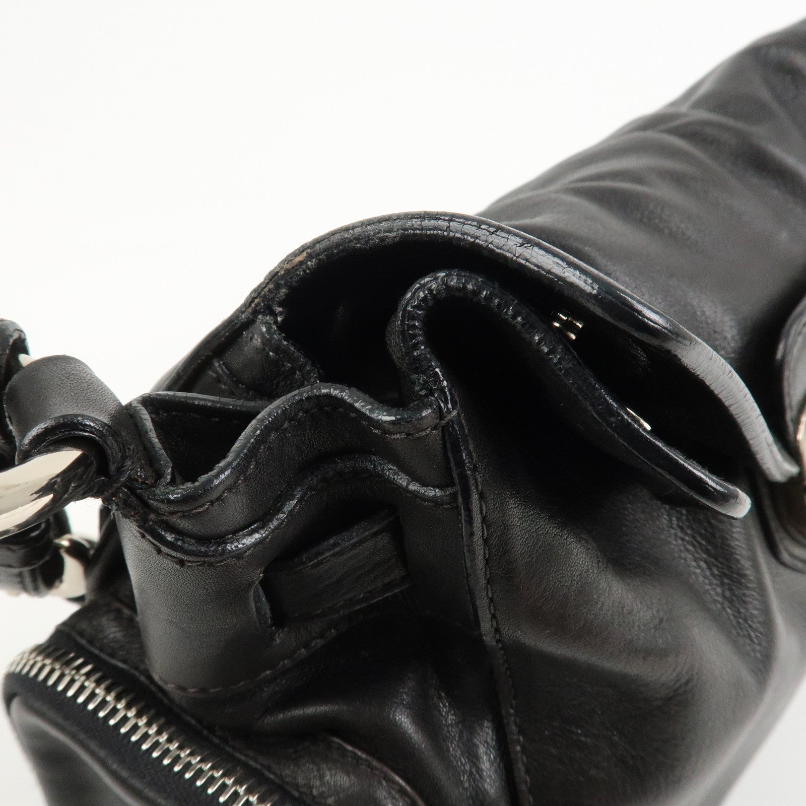 PRADA Triangle Logo Leather Calf Skin Shoulder Bag Black BR3307
