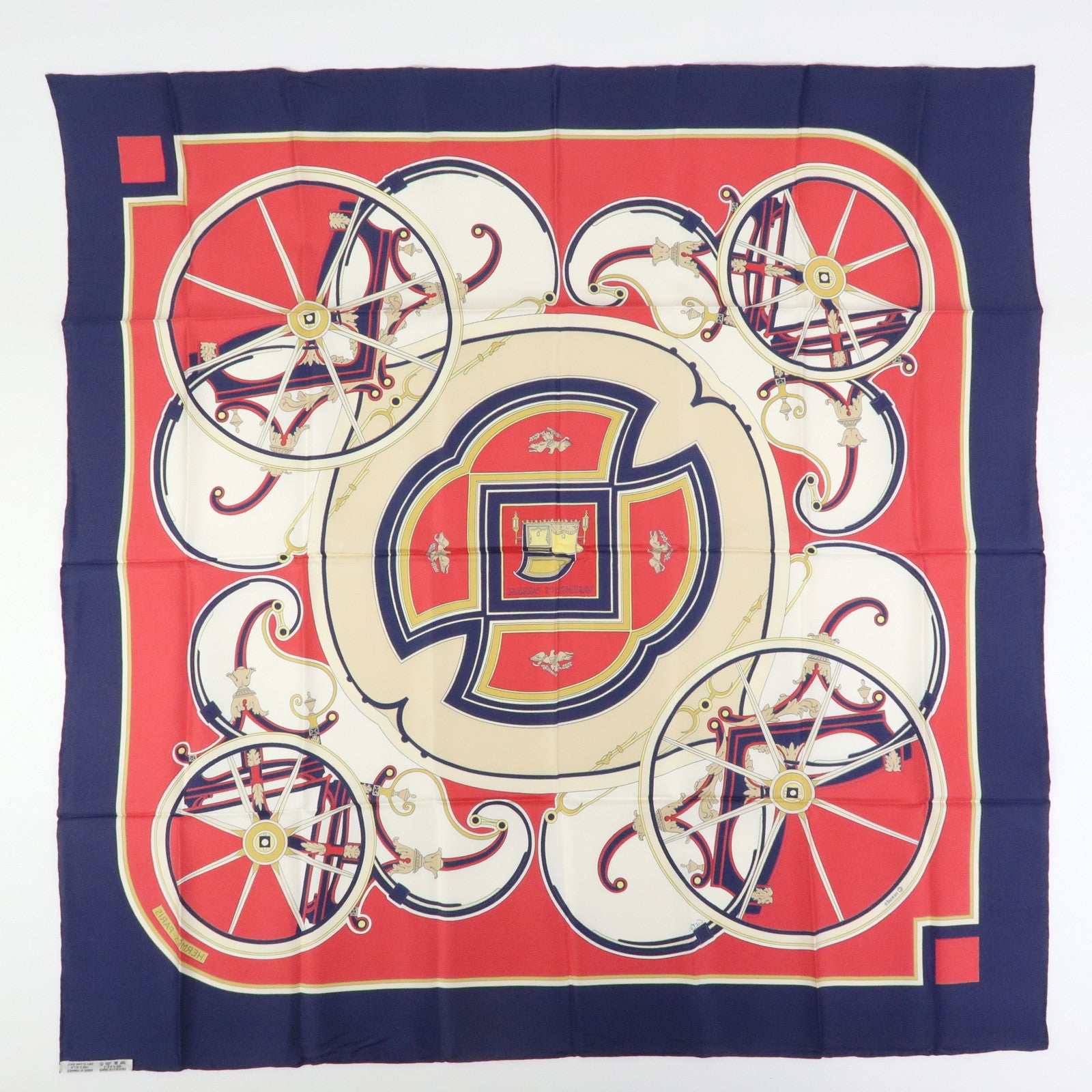 HERMES Carre 90 Silk 100% Scarf WASHINGTON’S CARRIAGE Red Navy