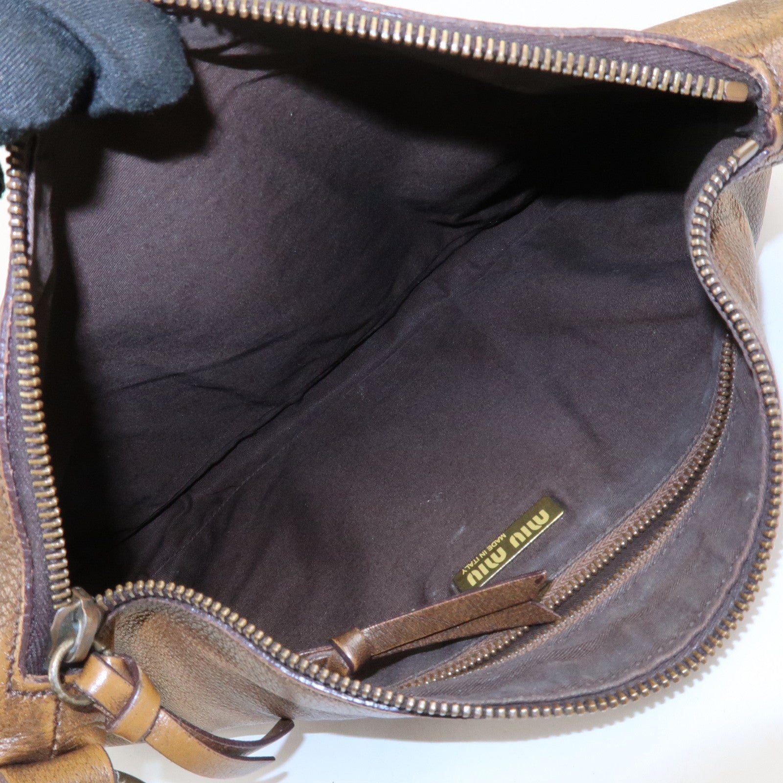 MIU MIU Leather Ribbon Hand Bag Shoulder Bag Dark Brown
