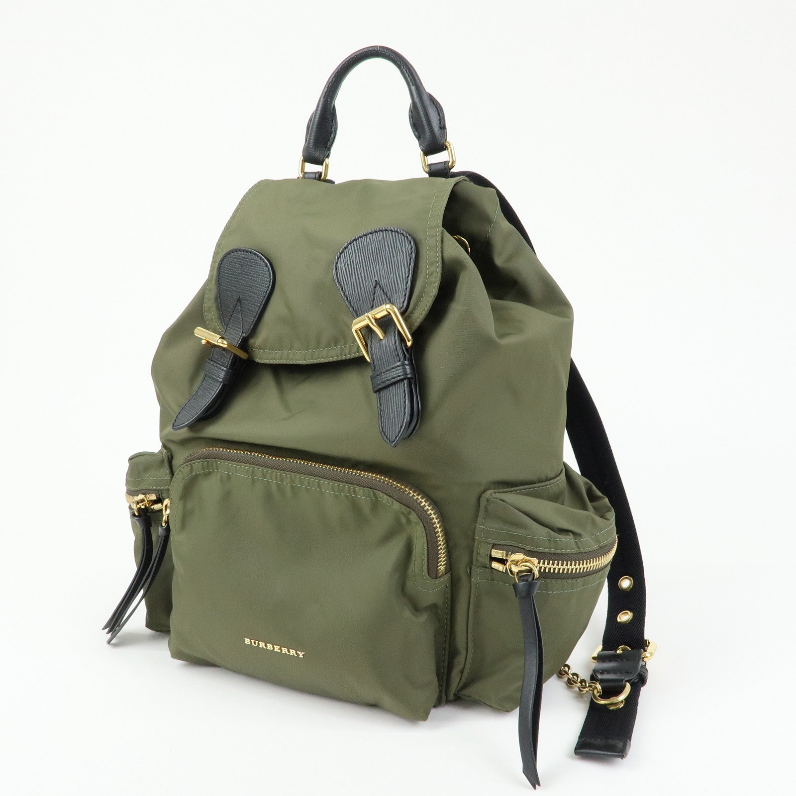 BURBERRY Logo Nylon Leather Backpack Rucksuck Khaki Black