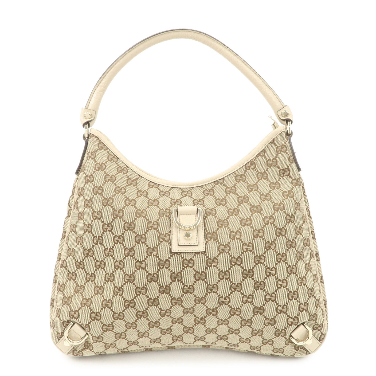 GUCCI Abbey Leather GG Canvas Shoulder Bag Beige Ivory 130737