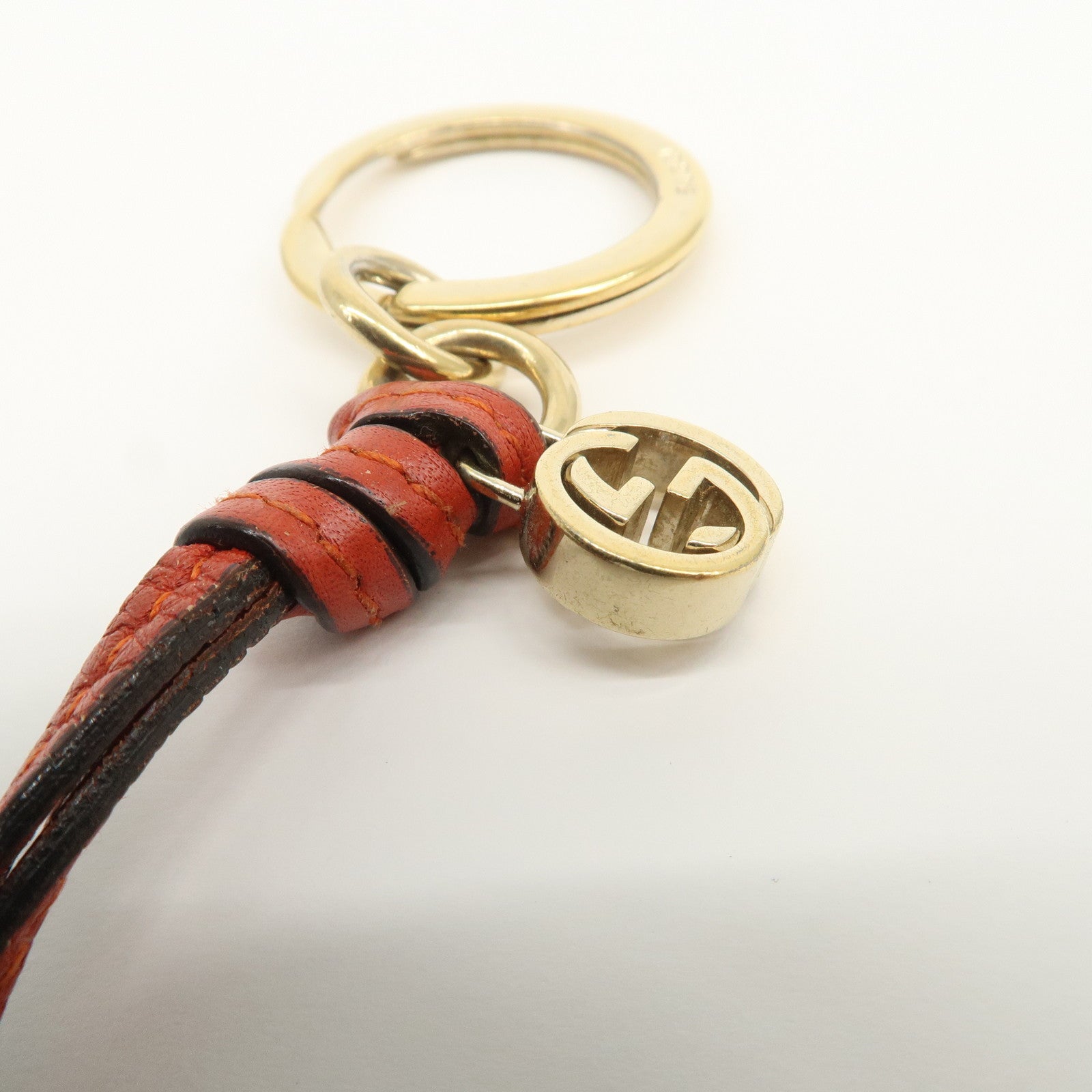 GUCCI Interlocking G Leather Metal Bag Charm Key Chain Orange Gold