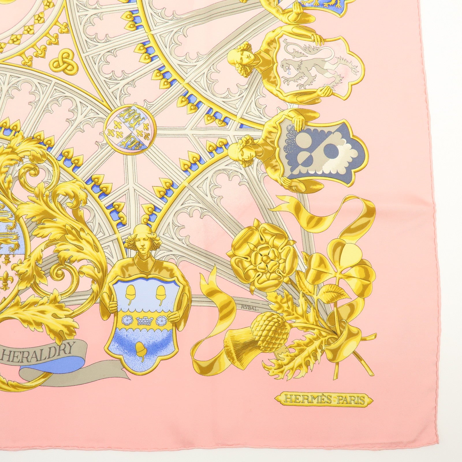 HERMES Carre 90 Silk 100% Scarf BRITISH HERALDRY Light Pink Gold