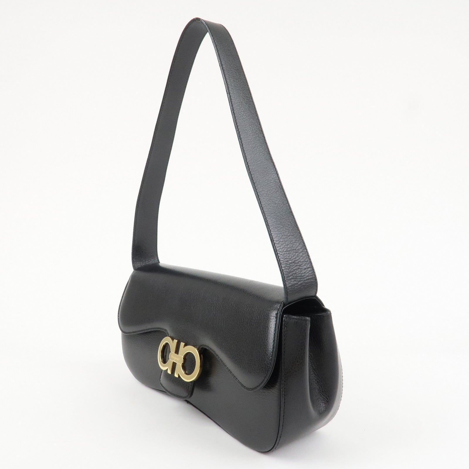 Ferragamo Ganchini Leather Shoulder Bag Hand Bag Black Used