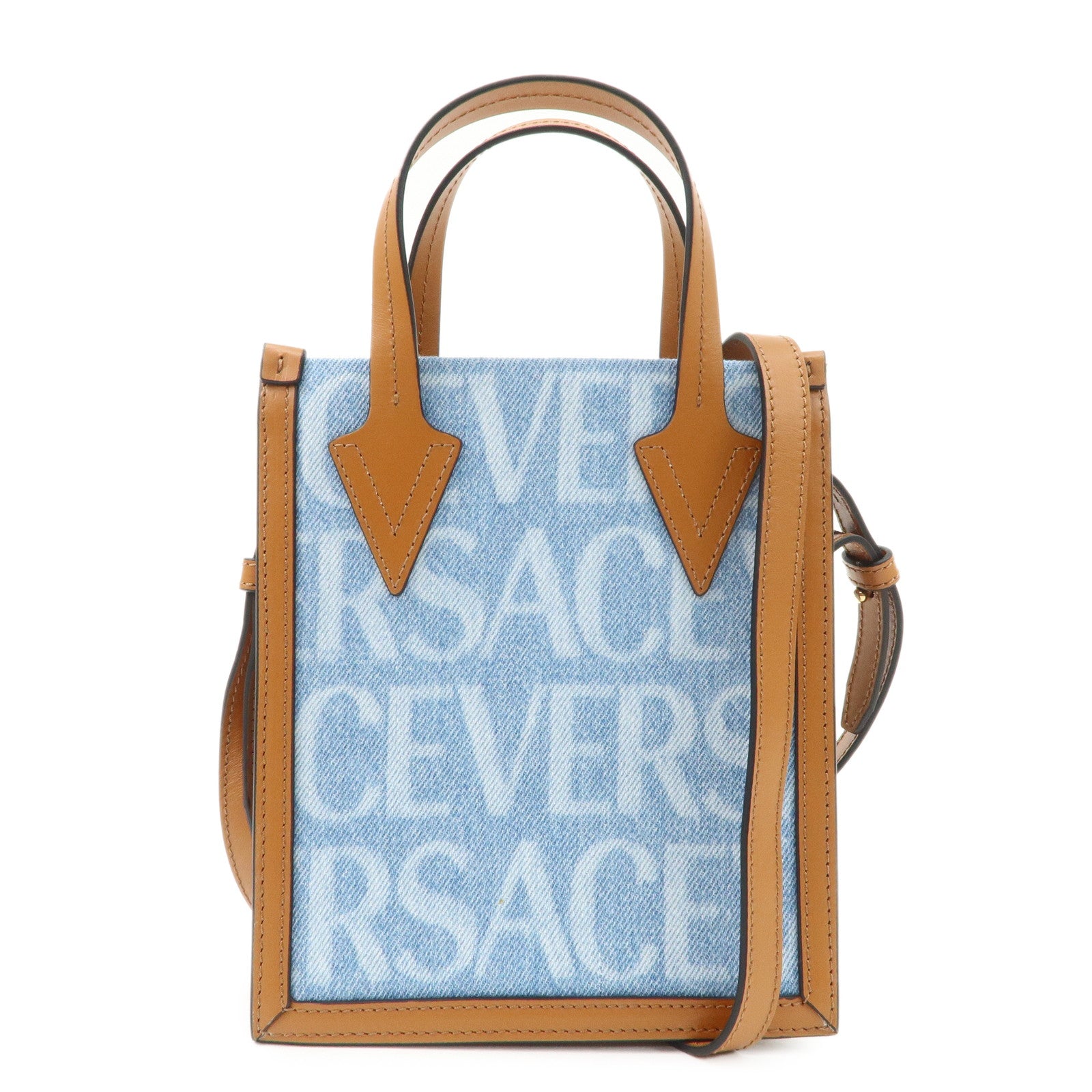 GIANNI VERSACE Leather Denim 2Way Hand Bag Shoulder Bag Blue Brown Used
