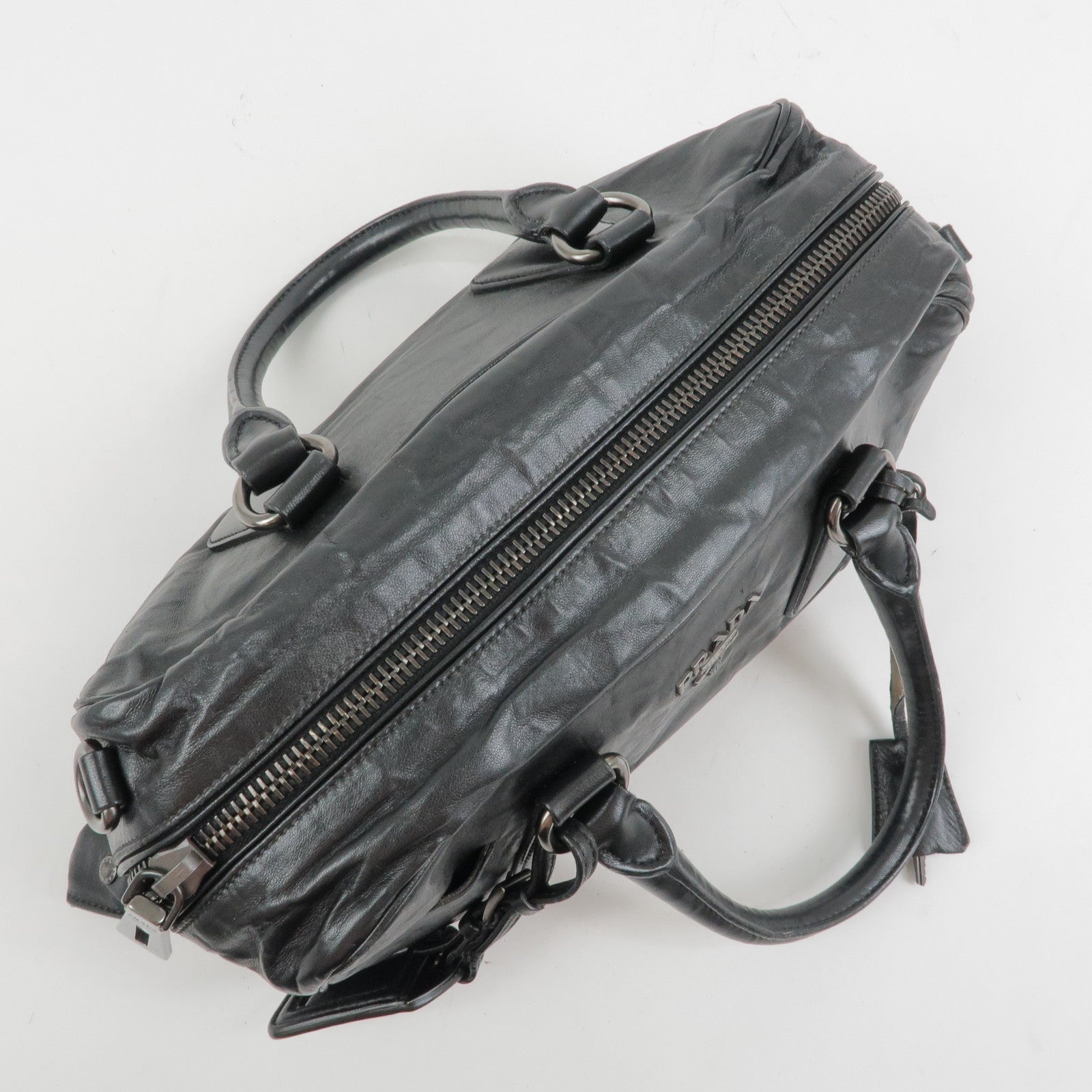 PRADA Leather Boston Bag Hand Bag Black BL0758