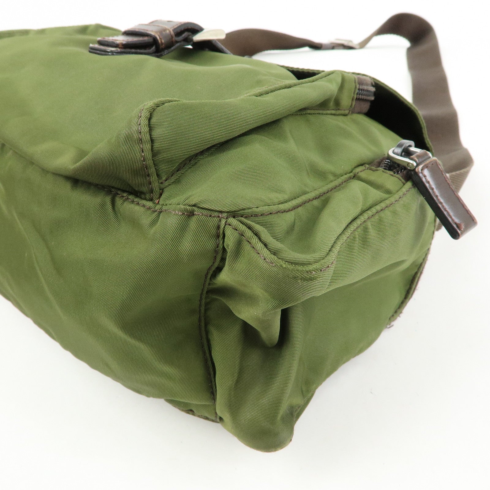 PRADA Triangle Logo Nylon Leather Shoulder Bag Khaki Brown