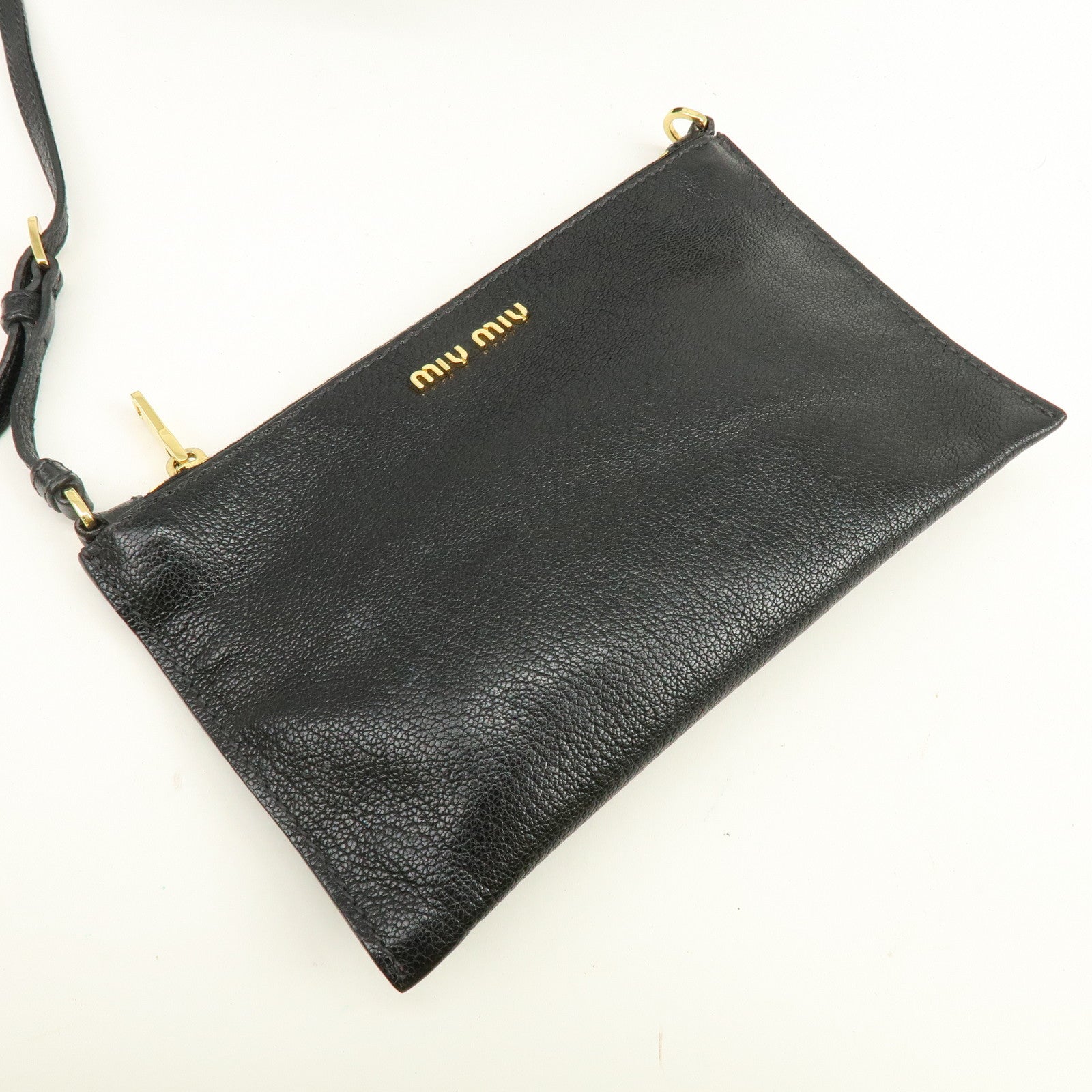 MIU MIU Logo Leather Tote Bag Hand Bag Black Gold 5BG025