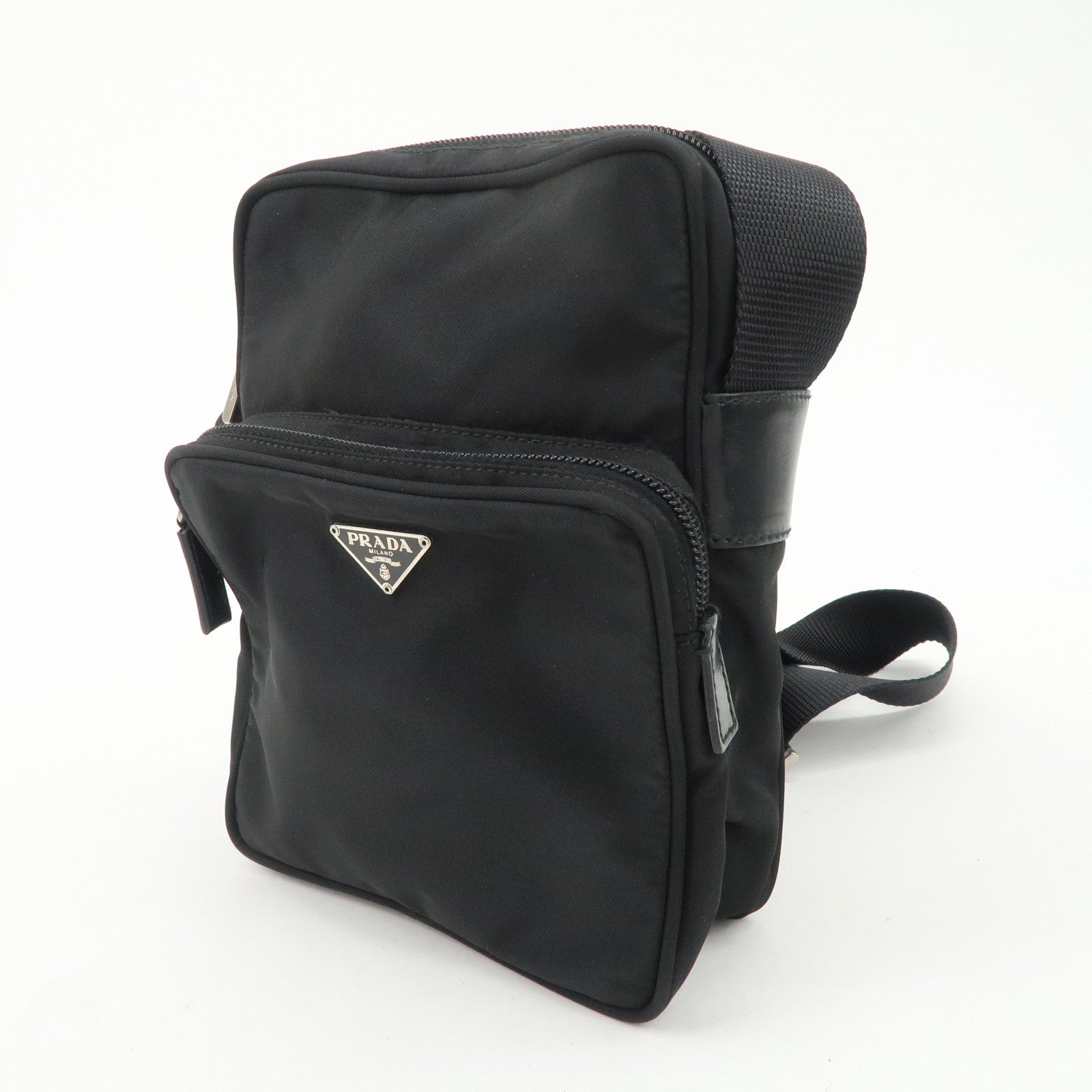 PRADA Triangle Logo Leather Nylon Shoulder Bag Black BT0169