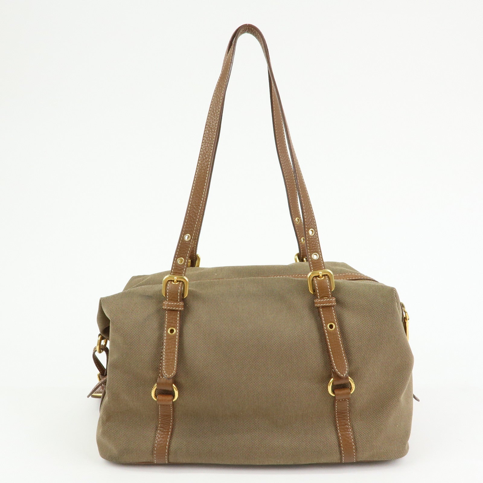 PRADA Logo Canvas Leather Boston Bag Hand Bag Beige Brown BL0600