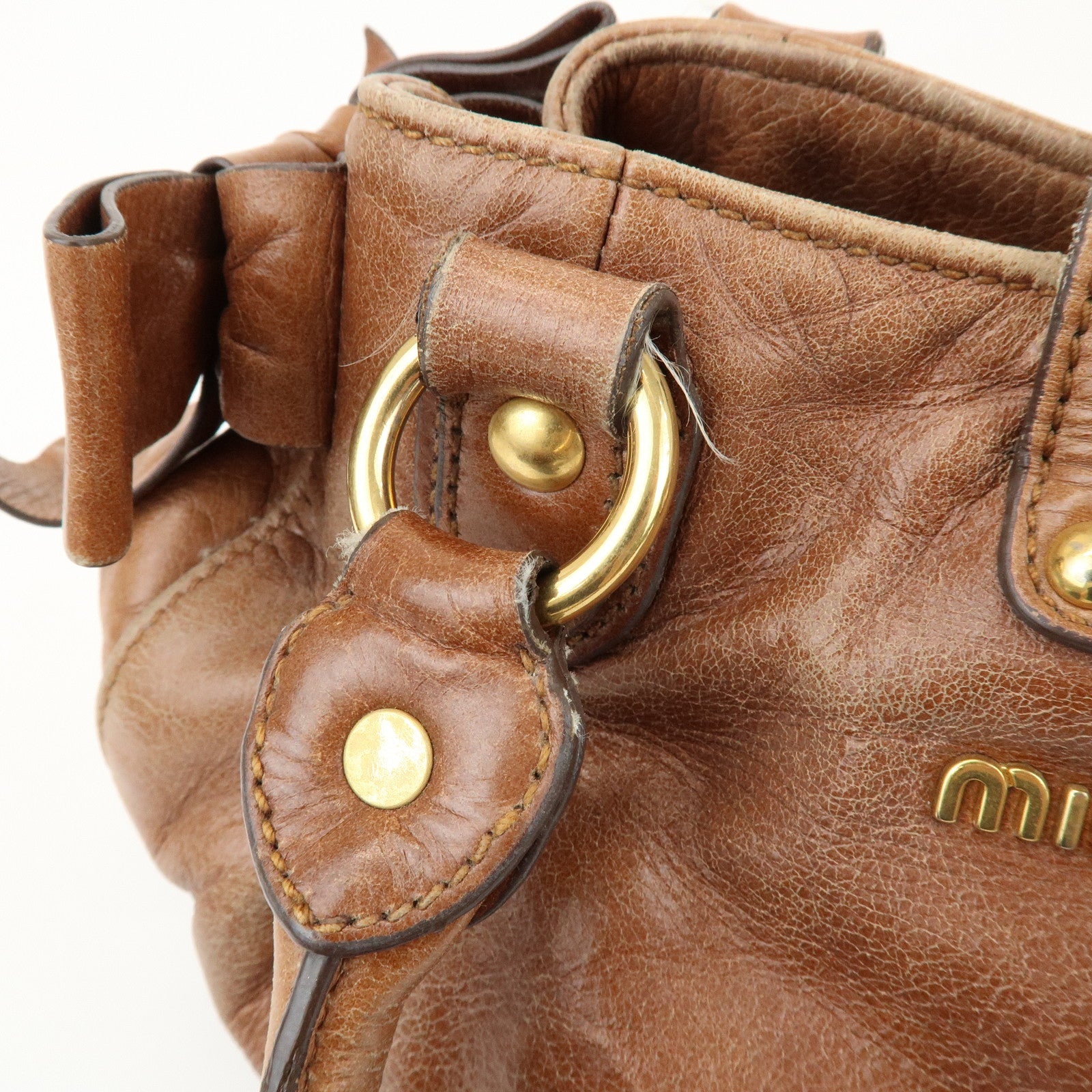 MIU MIU Leather Side Ribbon 2Way Shoulder Bag Hand Bag Brown RN0686