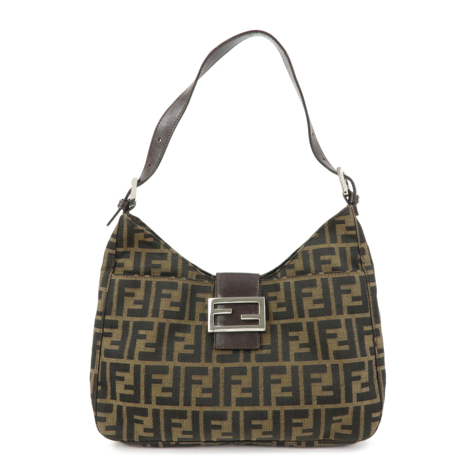FENDI Zucca Canvas Leather Shoulder Bag Black Brown 26569