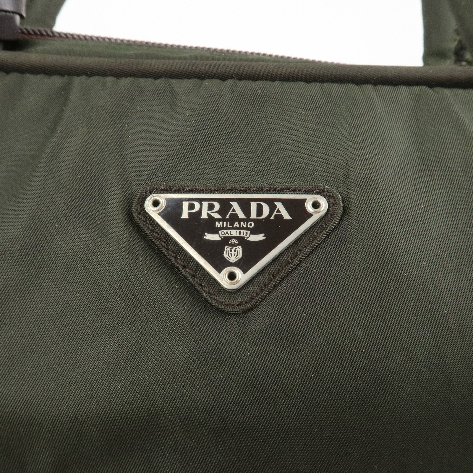 PRADA Triangle Logo Nylon Brief Case Tote Bag Khaki B8493