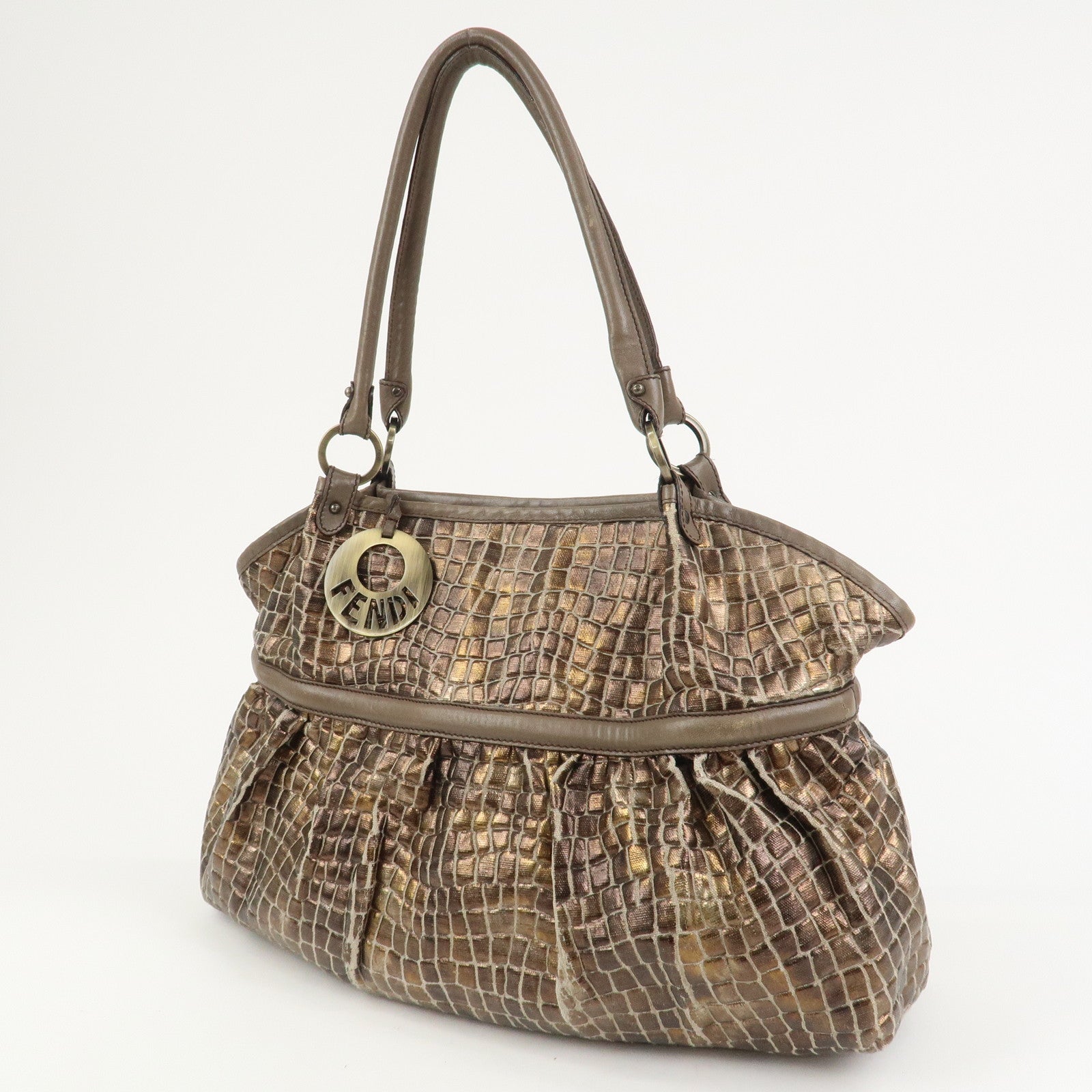 FENDI Embossed Leather Gathered Shoulder Bag Tote Bag Brown 8BH186