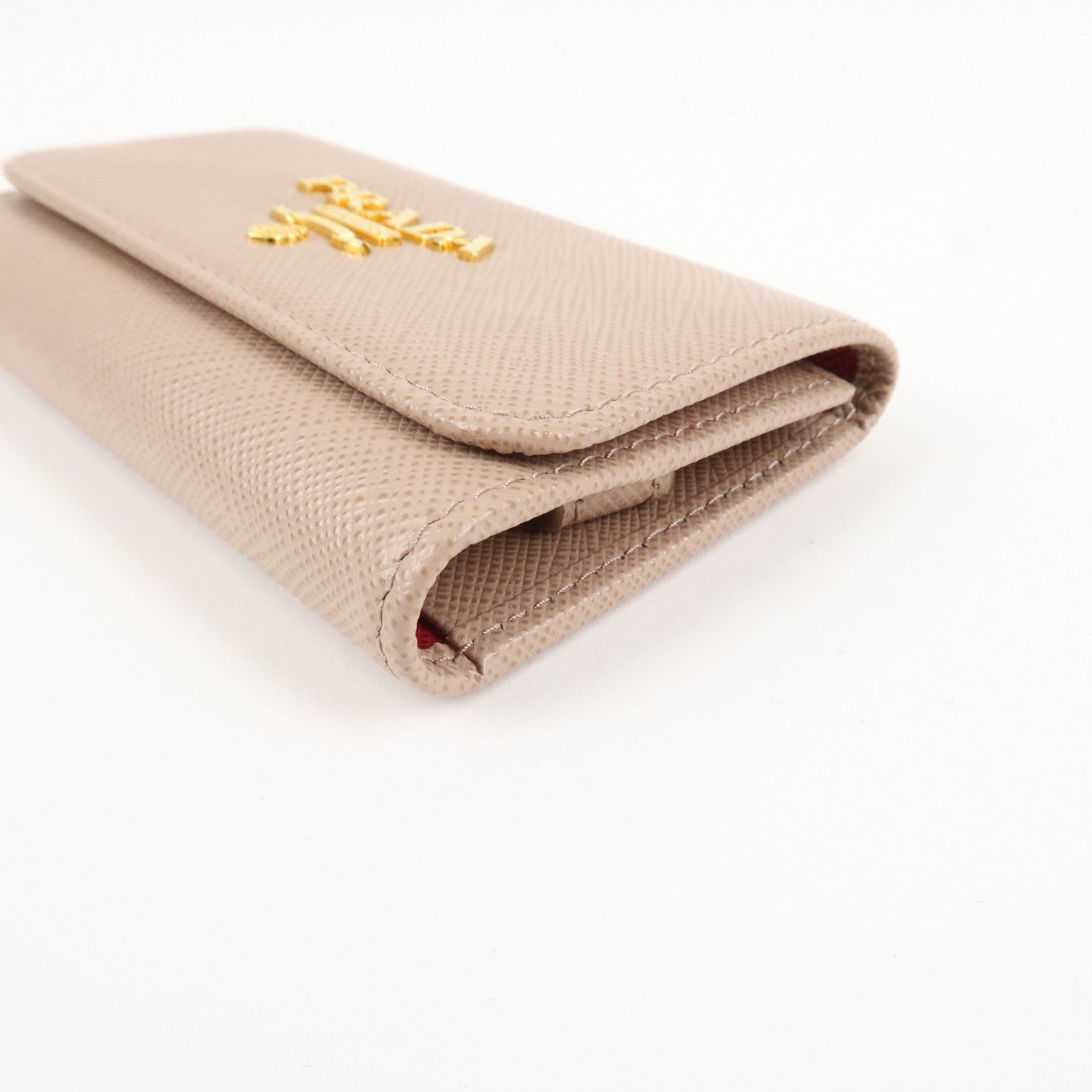 PRADA Logo Leather 4 Rings Key Case Key Holder Beige 1PG004 Used