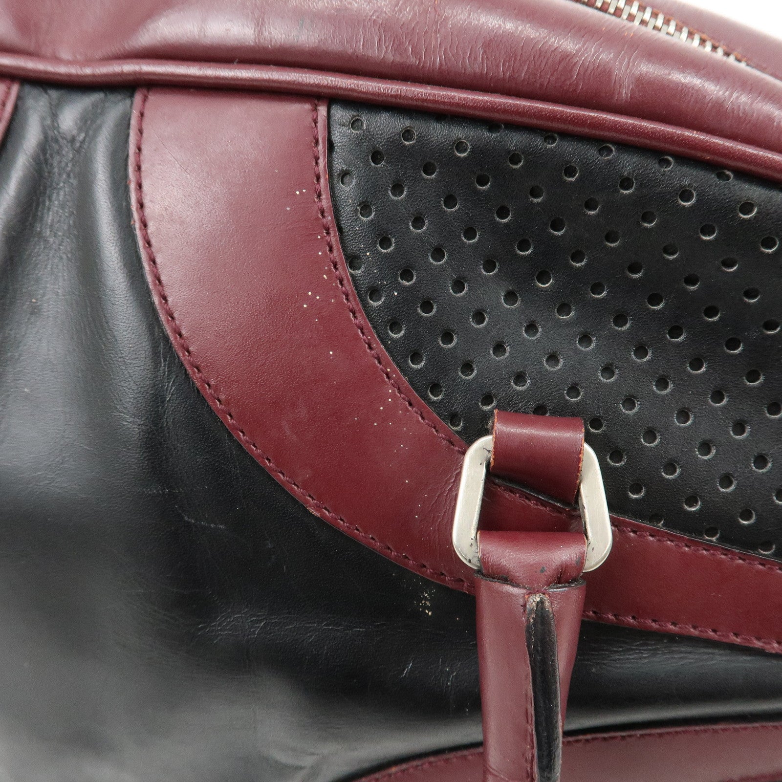 PRADA Leather Boston Bag Bowling Bag Hand Bag Black Bordeaux B10524