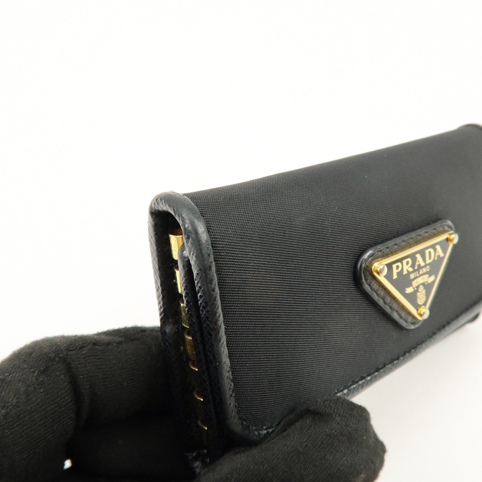 PRADA Triangle Logo Nylon 6 Rings Key Case Key Holder Black 1PG222