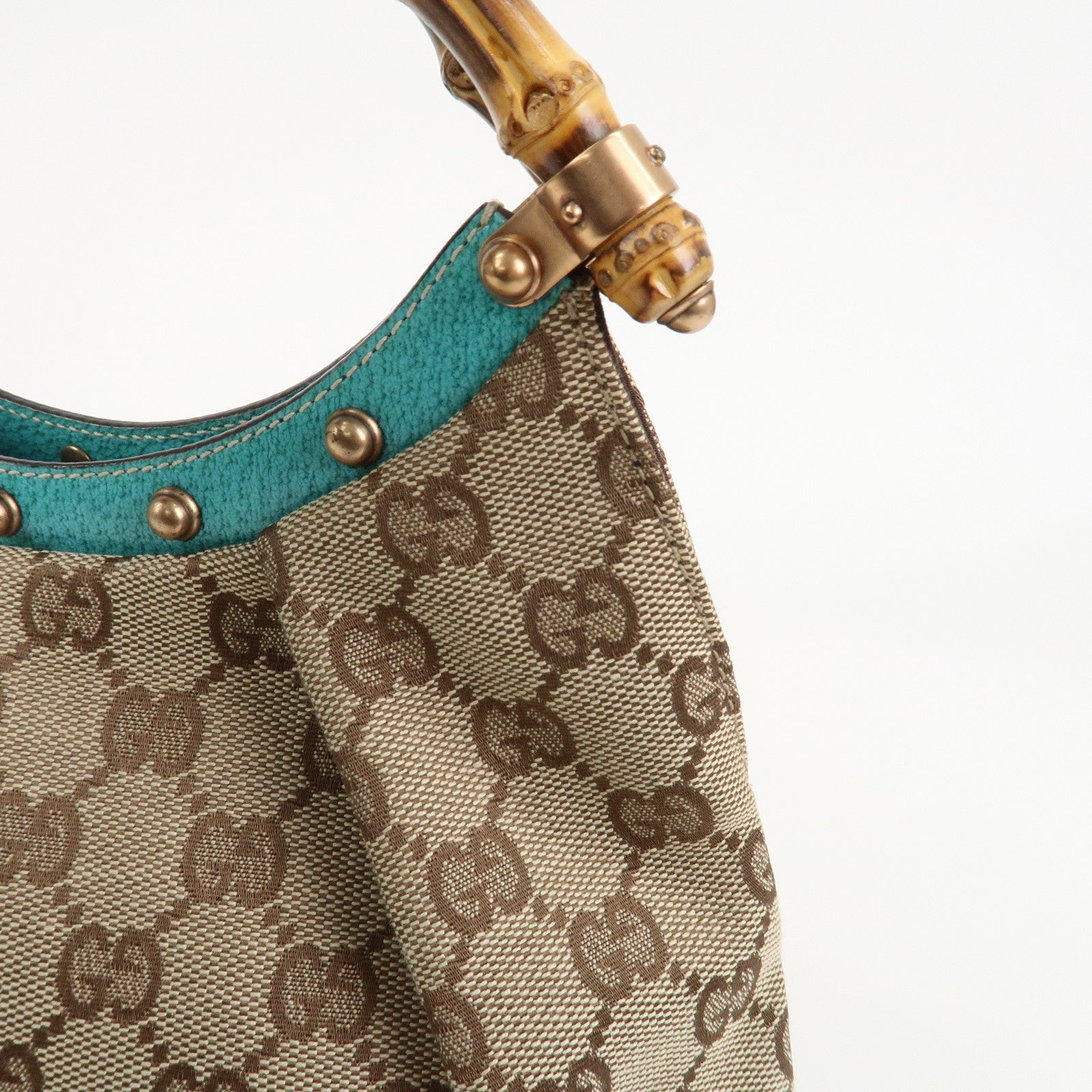 GUCCI Bamboo GG Canvas Leather Hand Bag Brown Light Blue 124297