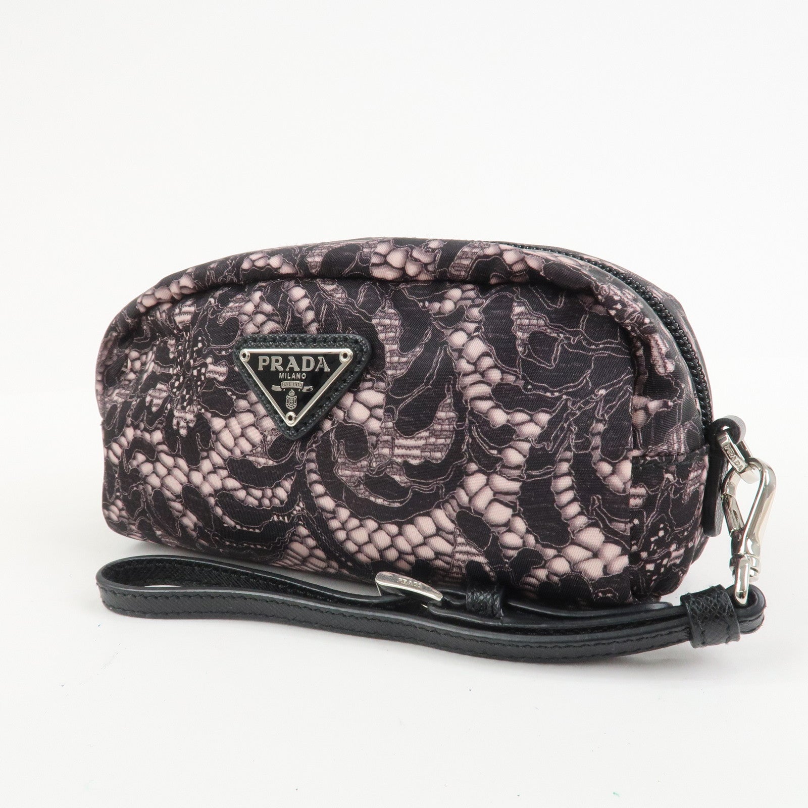 PRADA Triangle Logo Lace Nylon Leather Cosmetic Pouch Black 1NE175