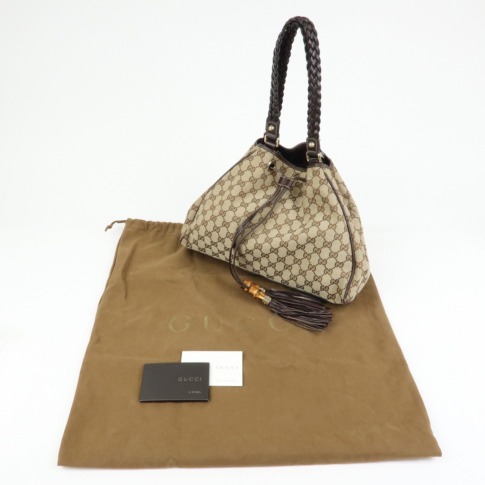 GUCCI Bamboo Fringe GG Canvas Leather Tote Bag Beige Brown 170582