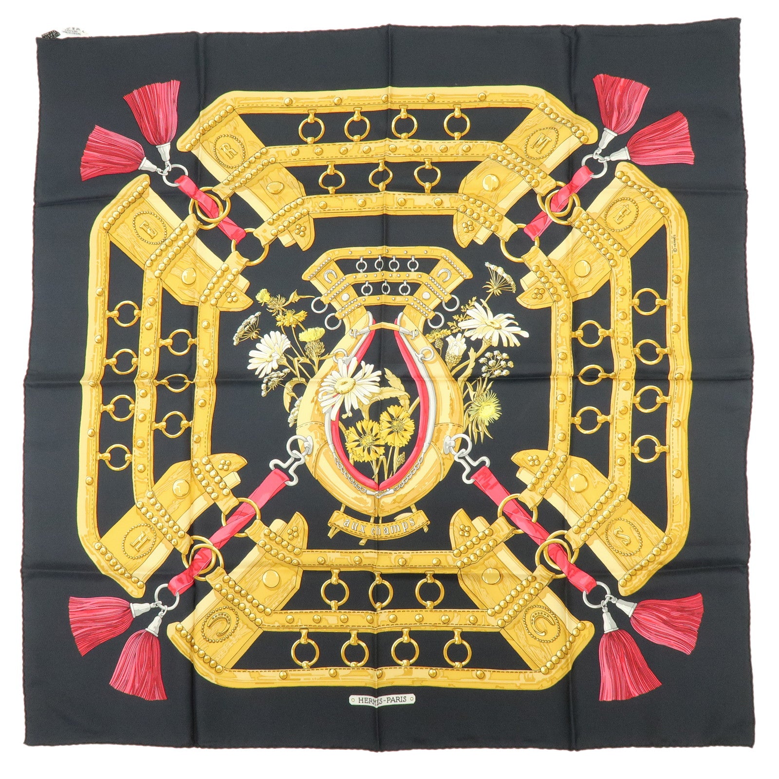 HERMES Carre 90 Silk 100% aux champs Scarf Black Yellow Red