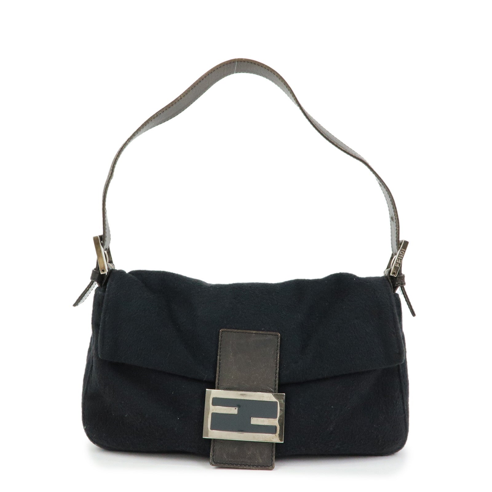 FENDI Mamma Baguette Wool Leather Shoulder Bag Hand Bag Black 26424