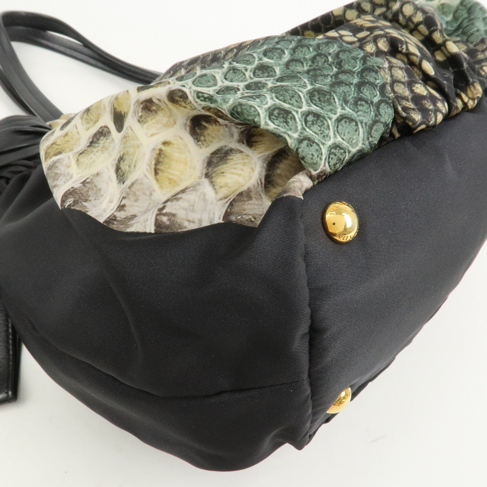PRADA Logo Nylon Nappa Leather Shoulder Bag Black Green BR4230