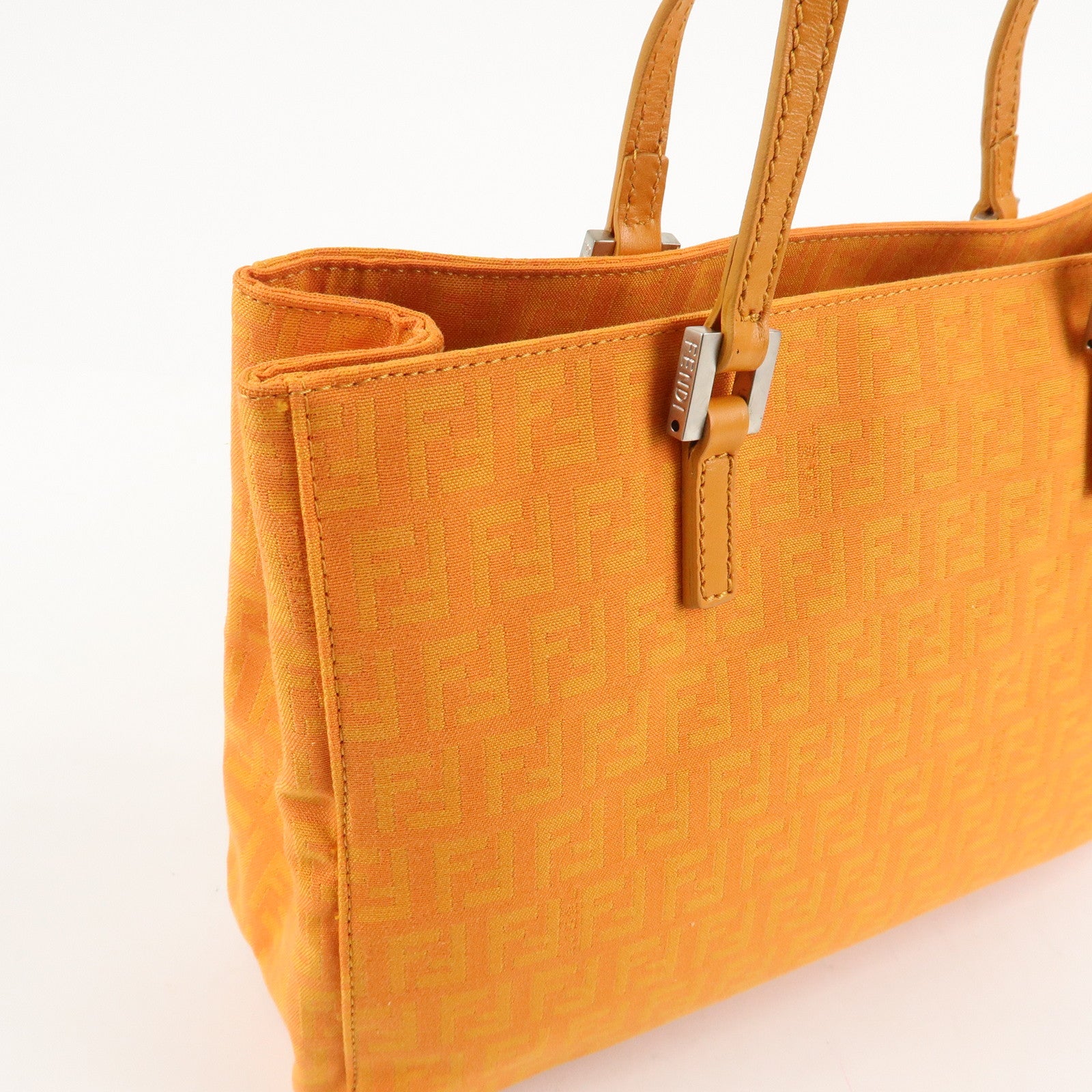 FENDI Zucchino Canvas Leather Hand Bag Tote Bag Orange 8BH072 Used